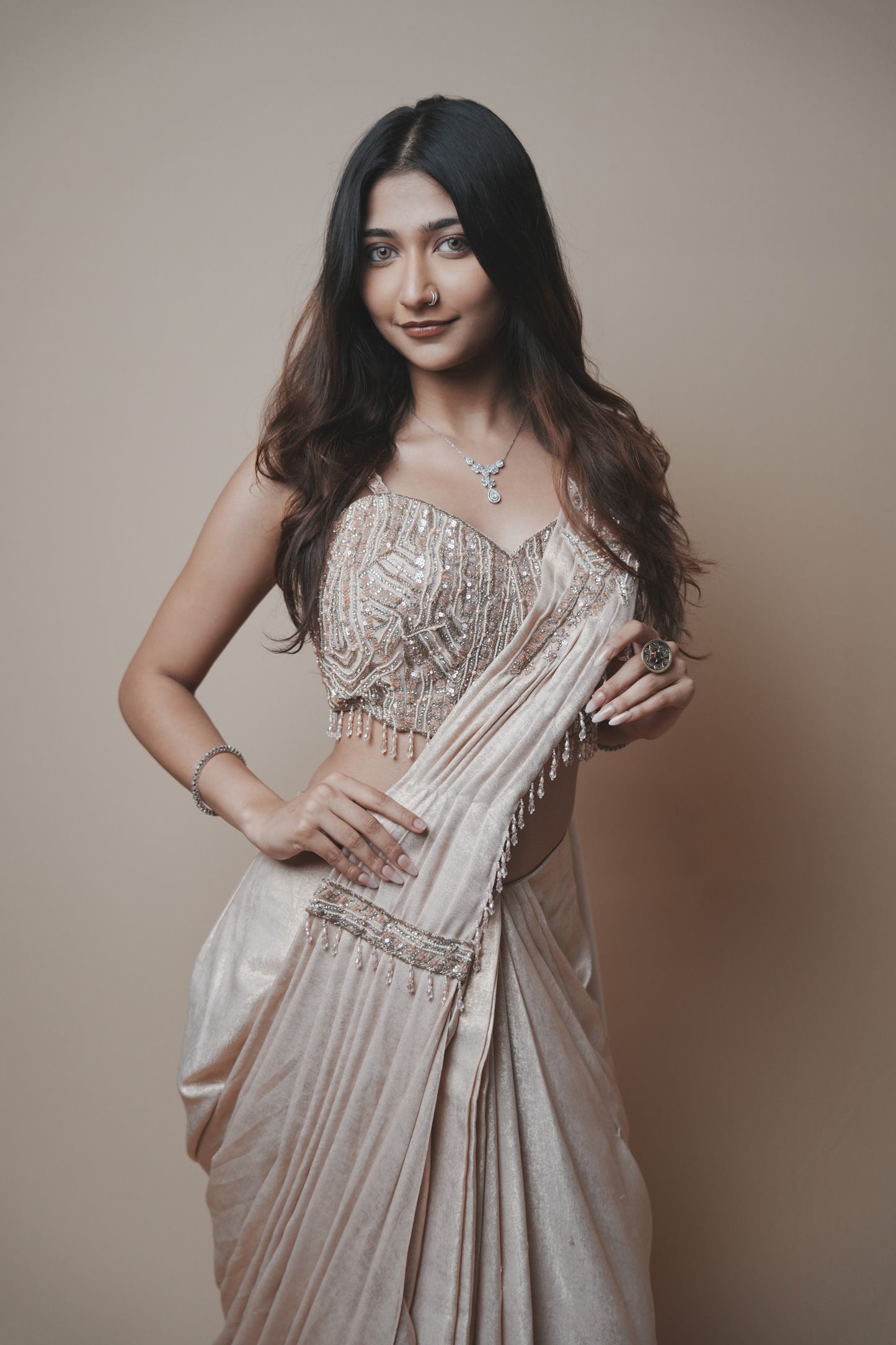 Champagne Glass Tissue Drape Saree with Self Pearl Embroidery