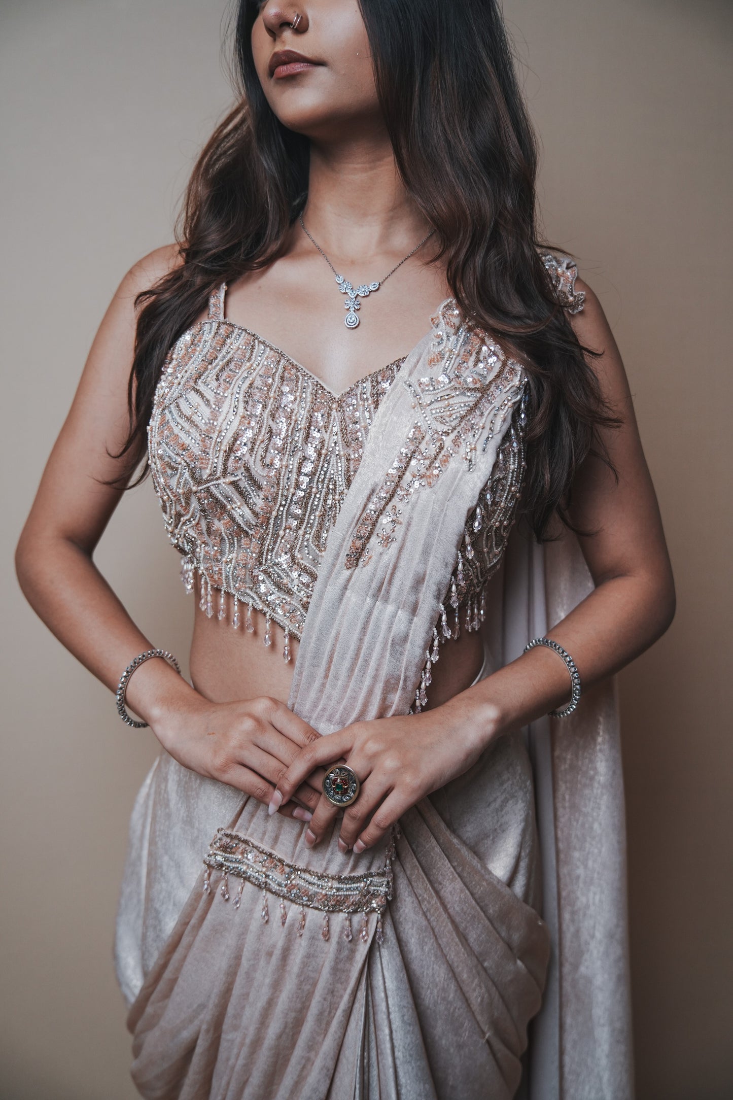 Champagne Glass Tissue Drape Saree with Self Pearl Embroidery