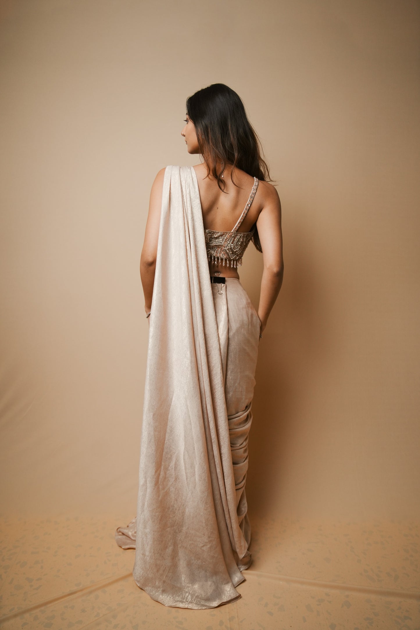 Champagne Glass Tissue Drape Saree with Self Pearl Embroidery