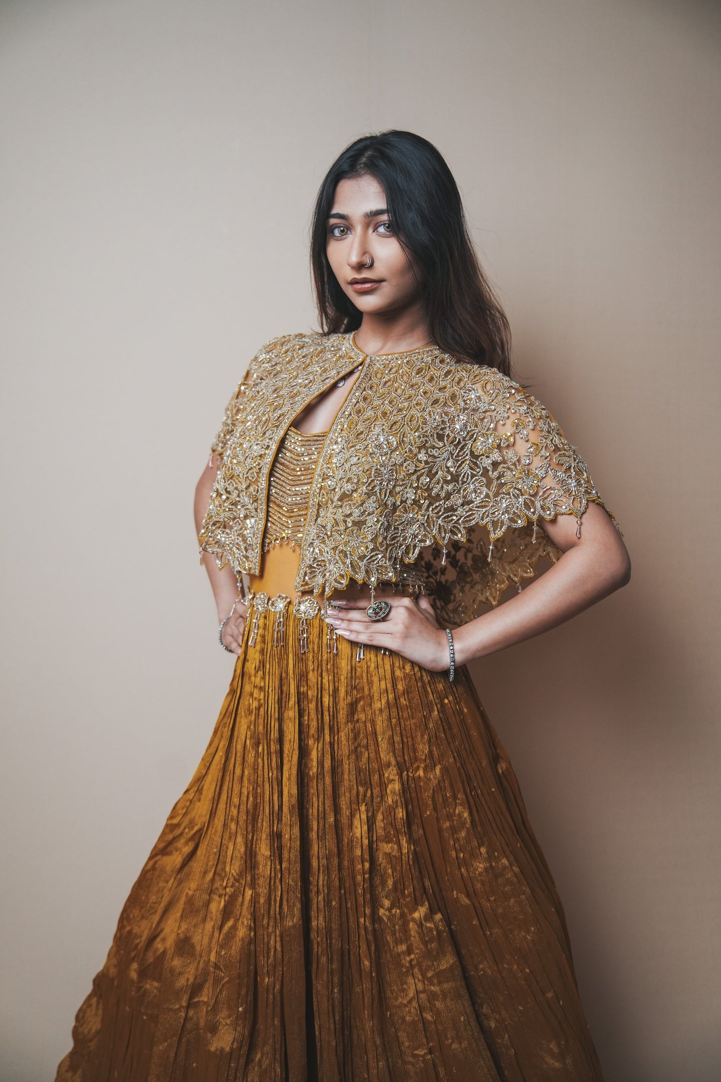 Golden Crushed Silk Indo-Western Gown with Mukesh, Sequin & Kadana Work