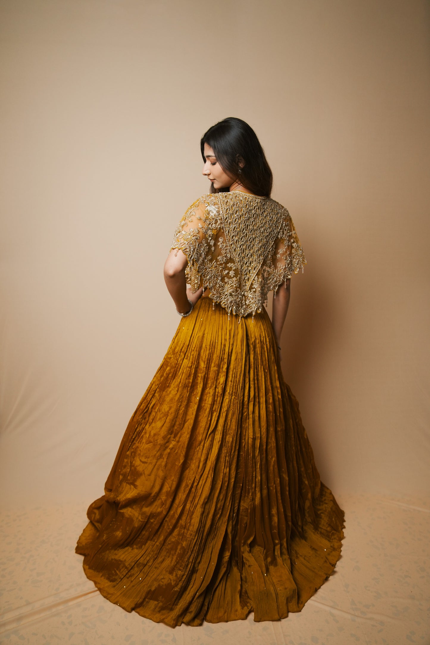 Golden Crushed Silk Indo-Western Gown with Mukesh, Sequin & Kadana Work