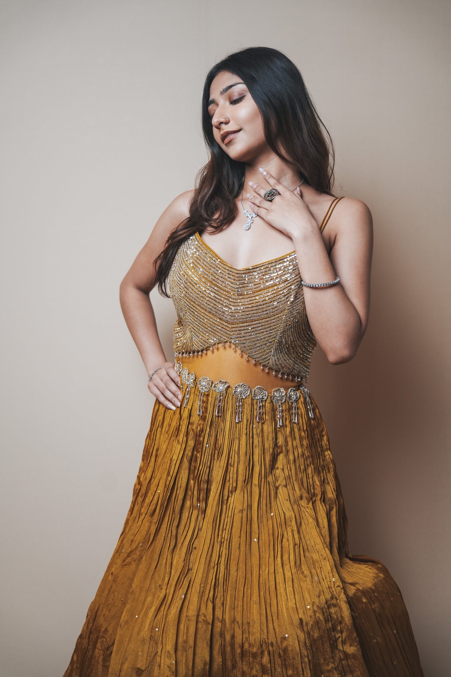 Golden Crushed Silk Indo-Western Gown with Mukesh, Sequin & Kadana Work