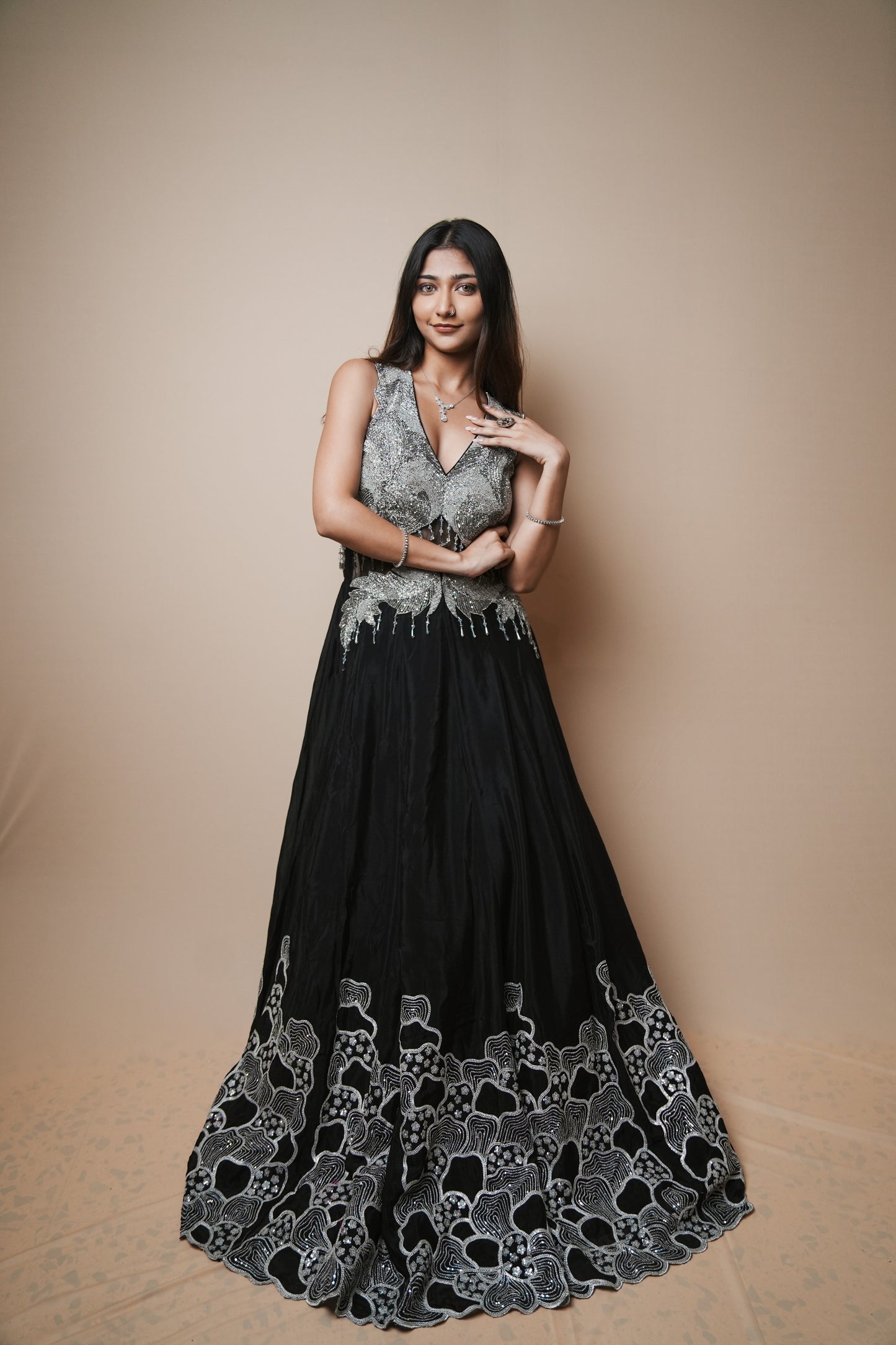 Elegant Black Georgette Evening Gown with Sequin Detailing