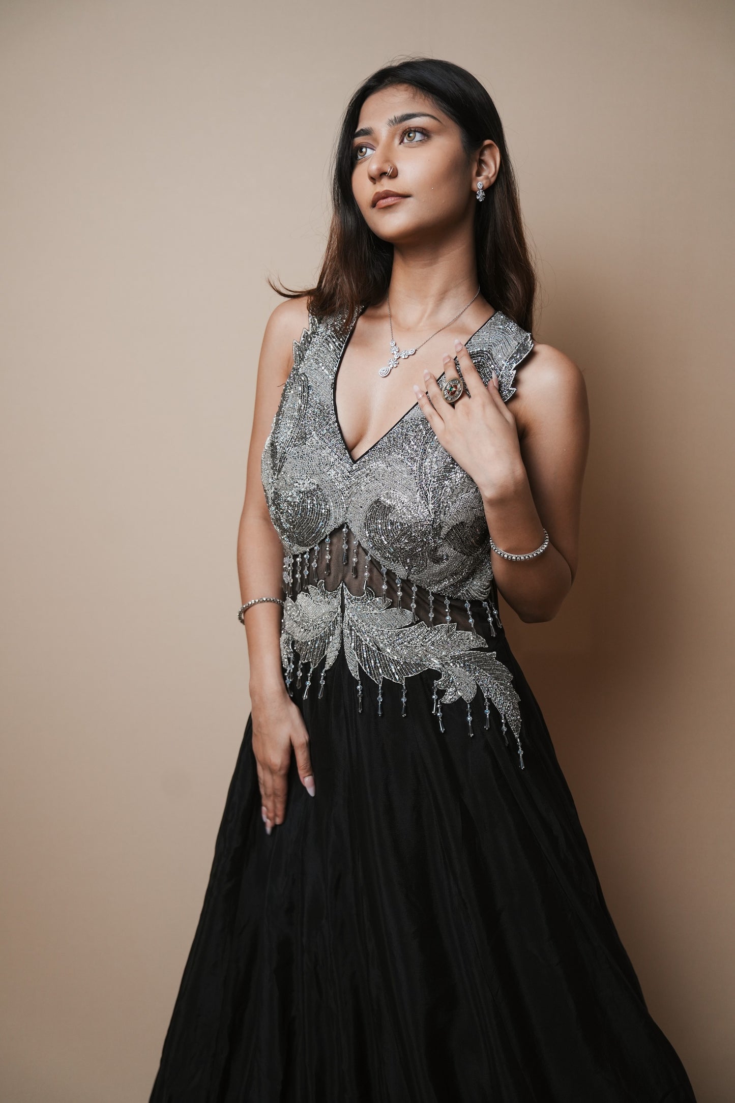 Elegant Black Georgette Evening Gown with Sequin Detailing