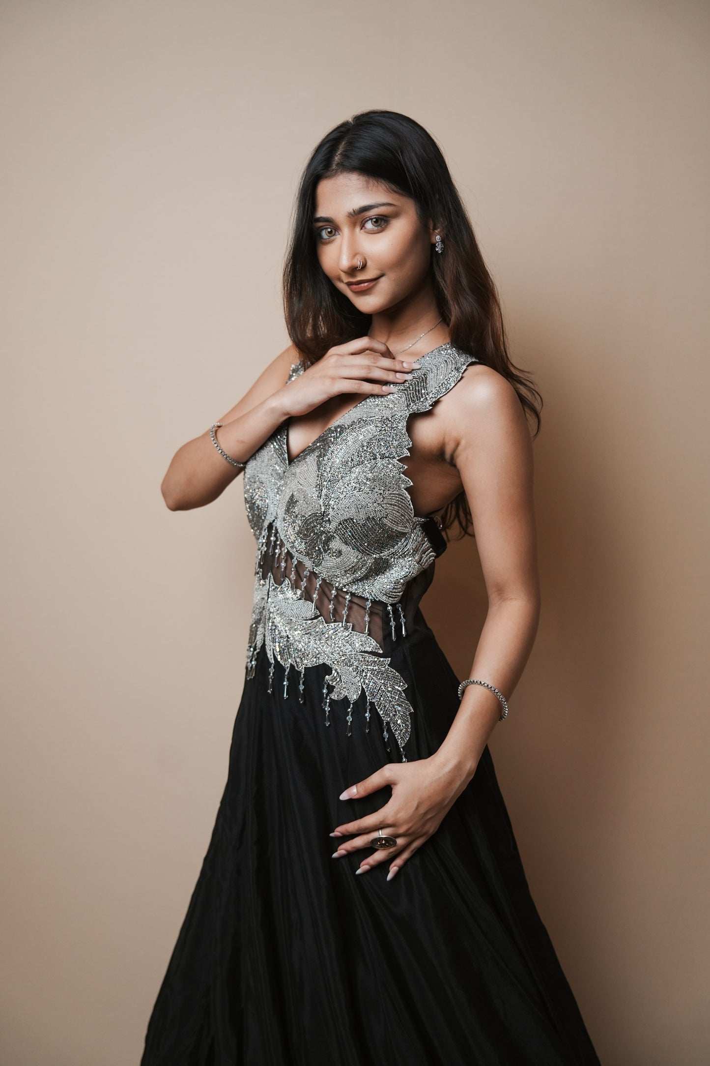 Elegant Black Georgette Evening Gown with Sequin Detailing