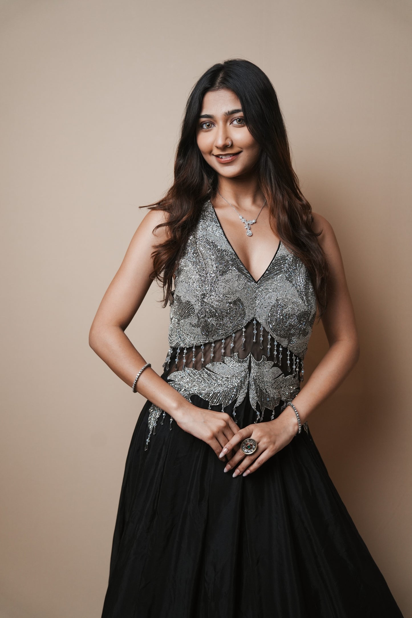 Elegant Black Georgette Evening Gown with Sequin Detailing