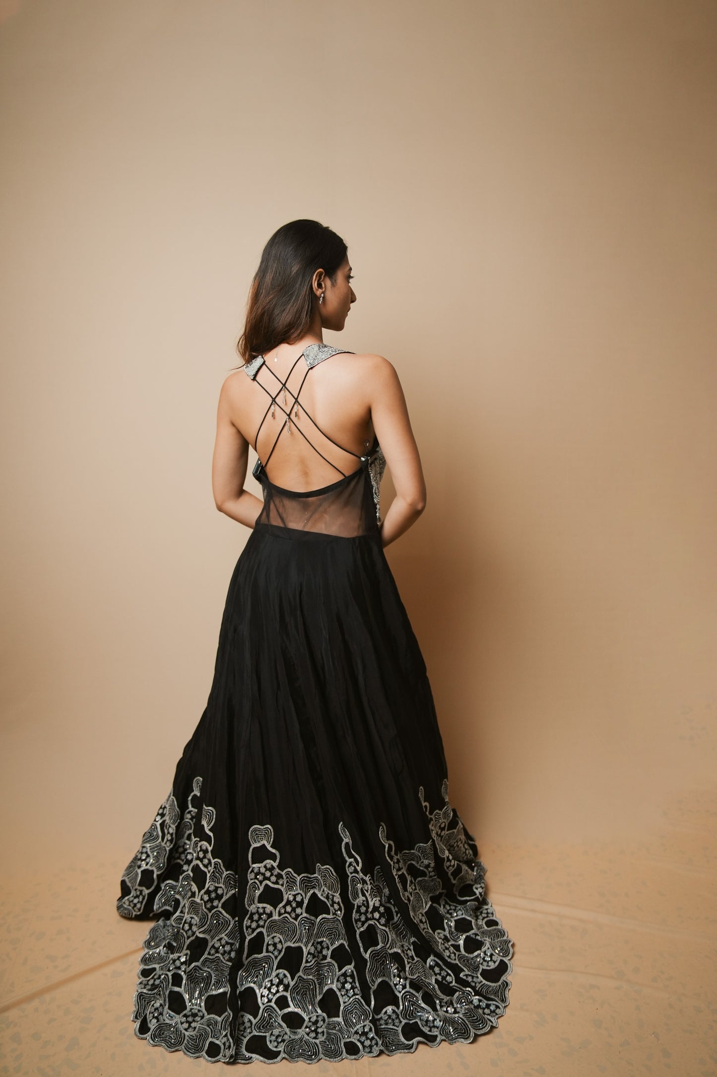 Elegant Black Georgette Evening Gown with Sequin Detailing