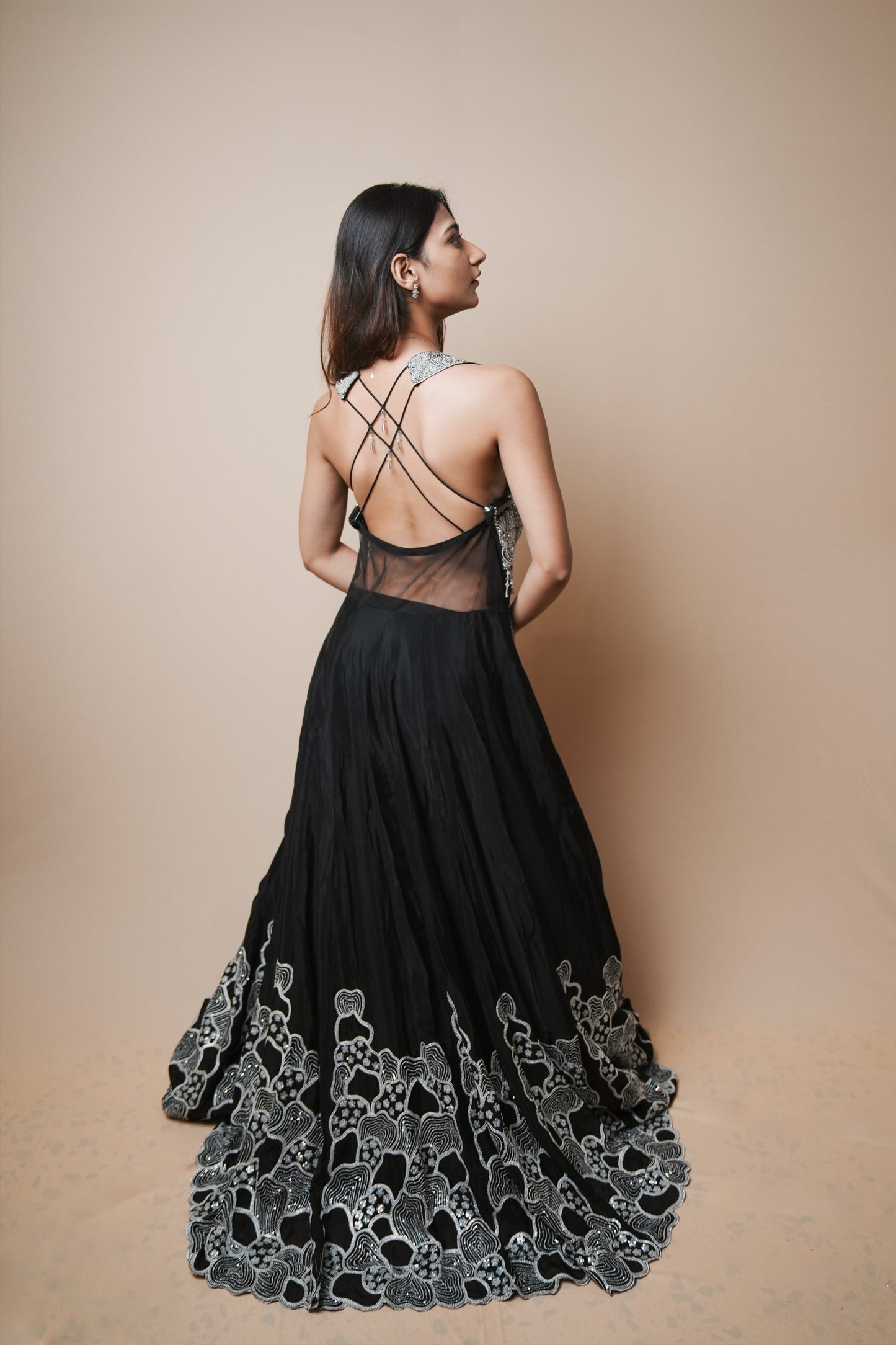 Elegant Black Georgette Evening Gown with Sequin Detailing