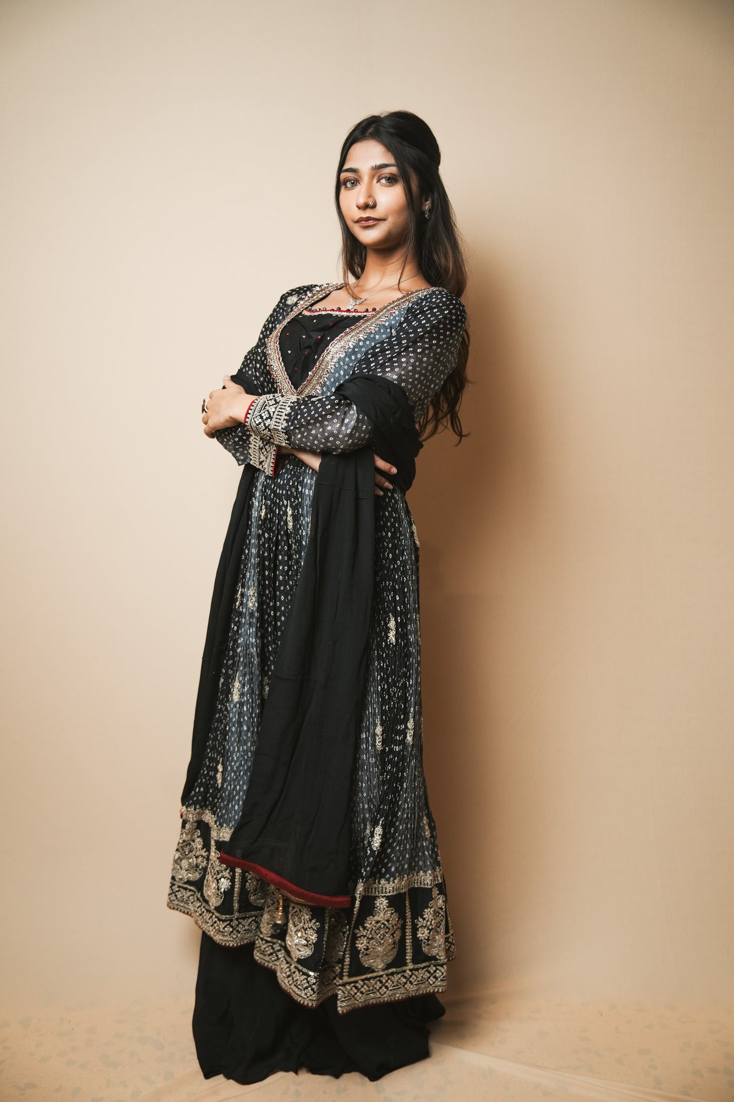 Designer Crepe Silk Bandhej Anarkali with Handcrafted Kasab & Pita Embroidery