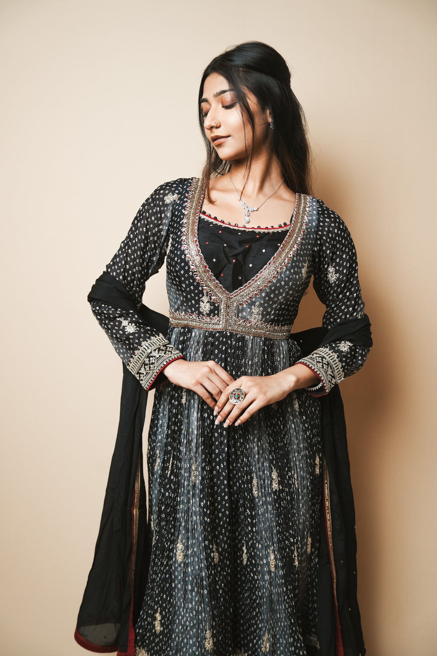 Designer Crepe Silk Bandhej Anarkali with Handcrafted Kasab & Pita Embroidery
