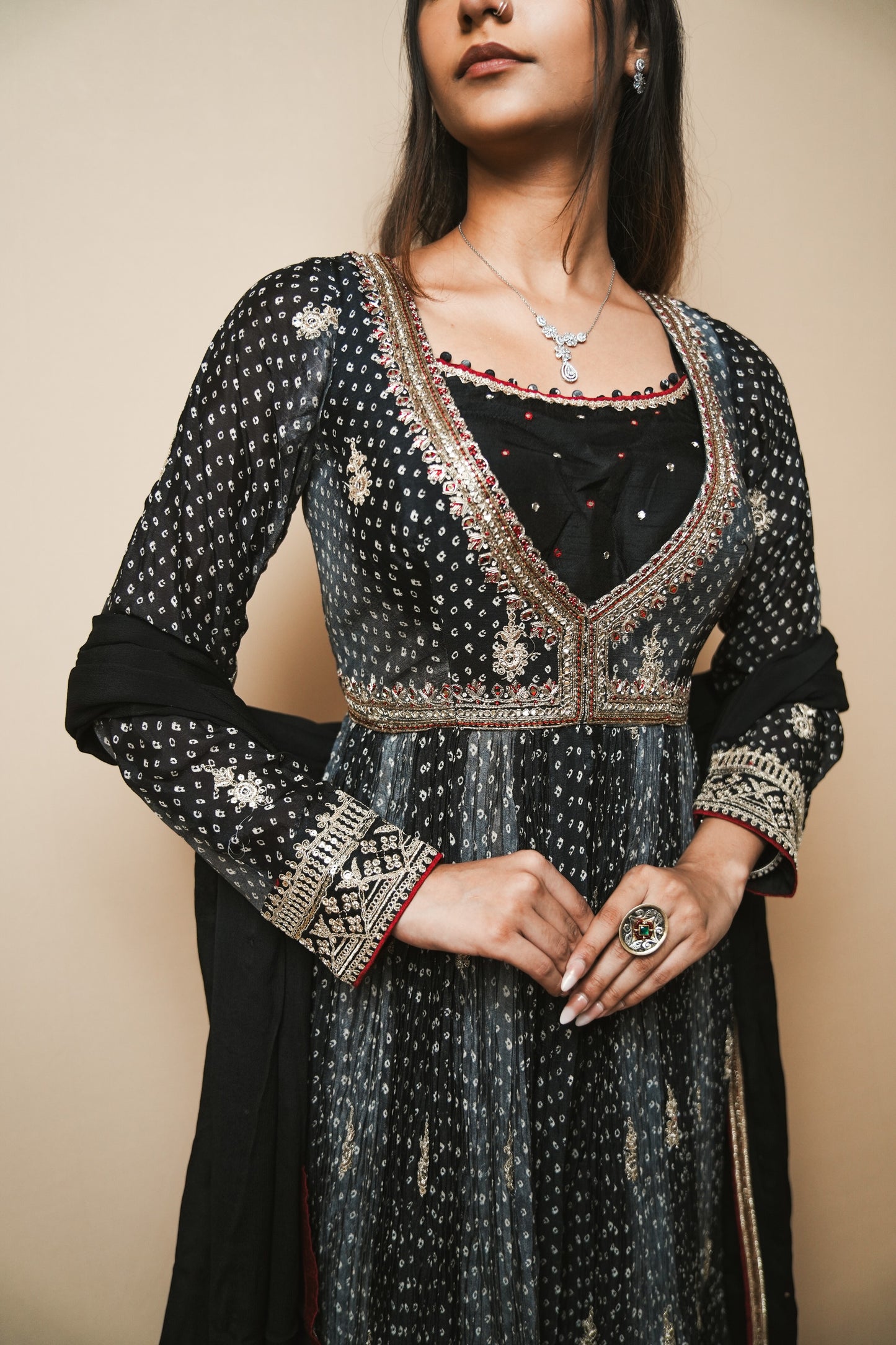 Designer Crepe Silk Bandhej Anarkali with Handcrafted Kasab & Pita Embroidery