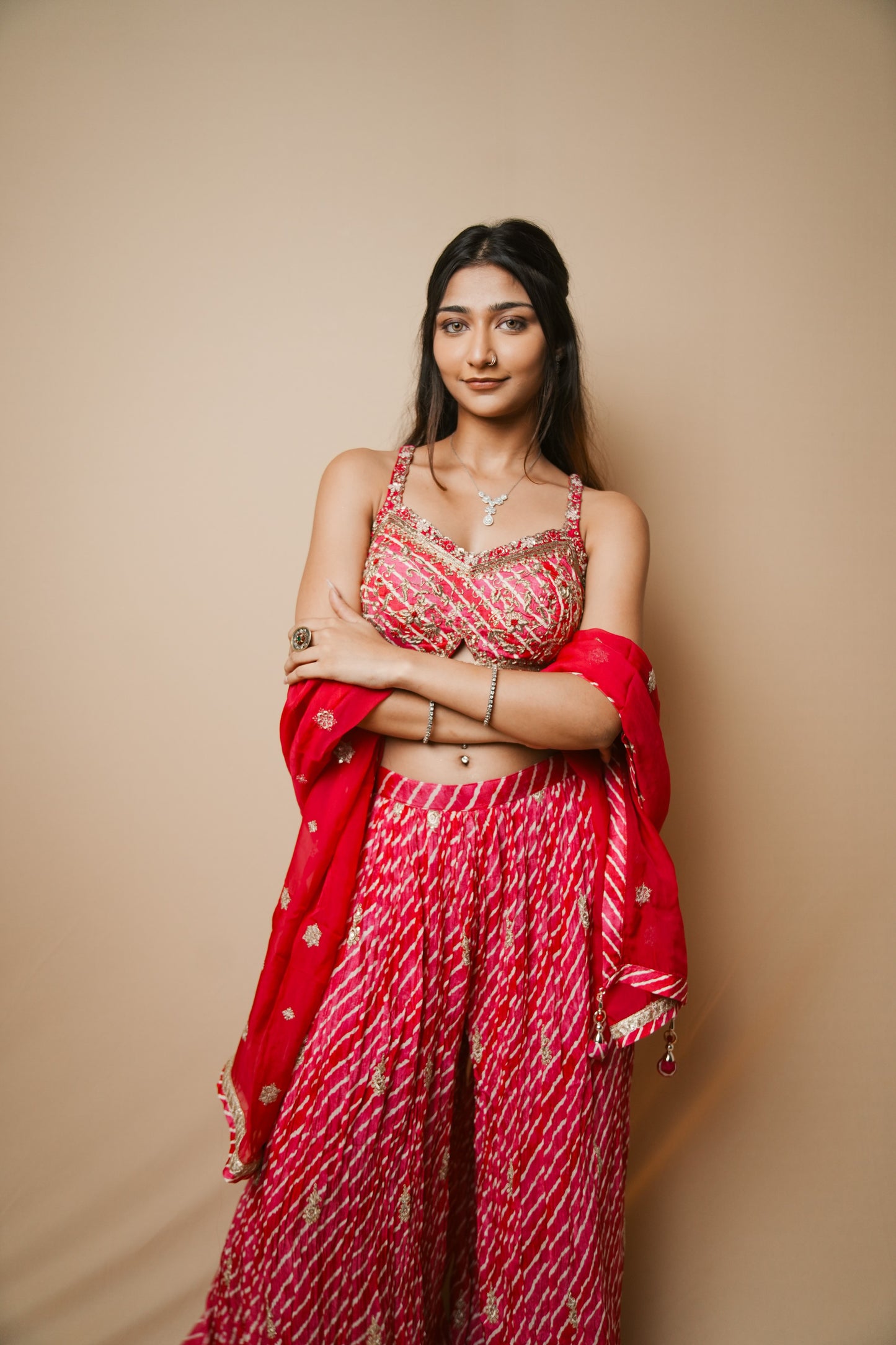 Elegant Pink Georgette Leheriya Plazo and Spaghetti Blouse with Jardozi Embroidery