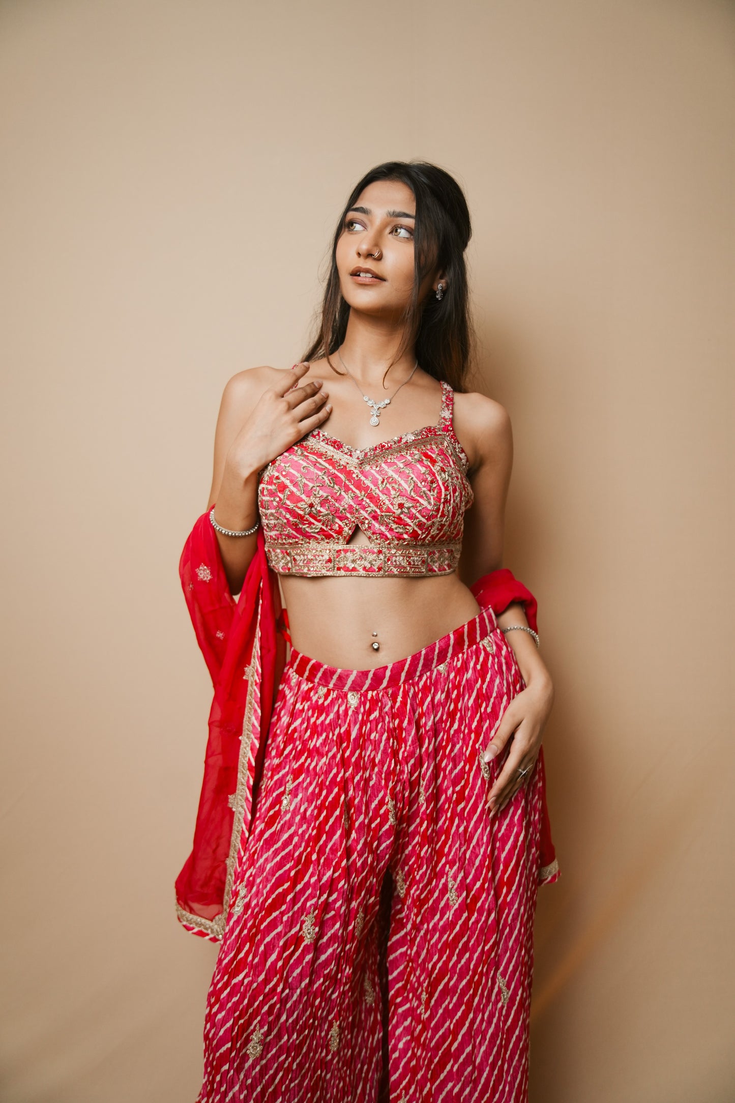 Elegant Pink Georgette Leheriya Plazo and Spaghetti Blouse with Jardozi Embroidery