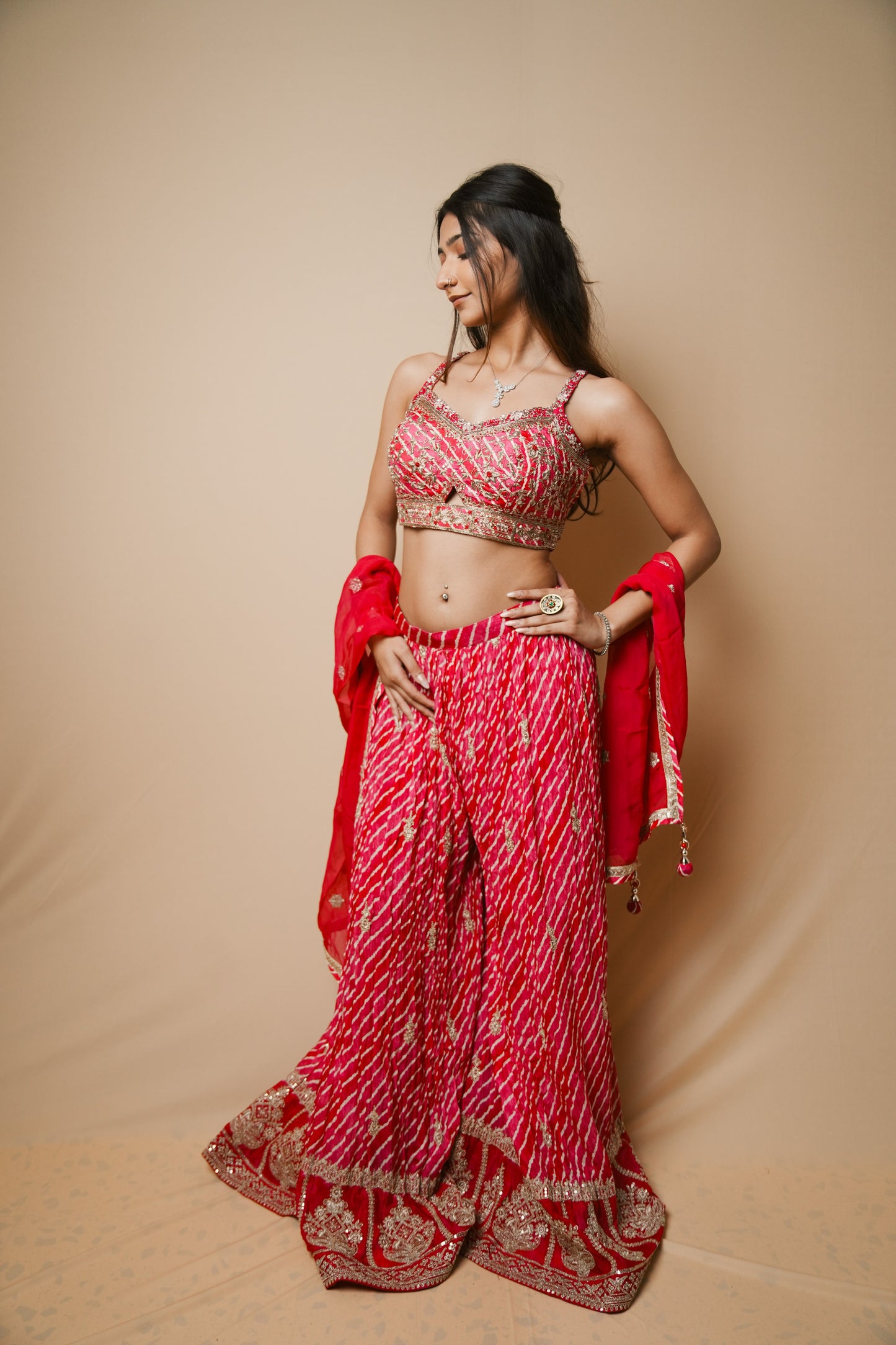 Elegant Pink Georgette Leheriya Plazo and Spaghetti Blouse with Jardozi Embroidery