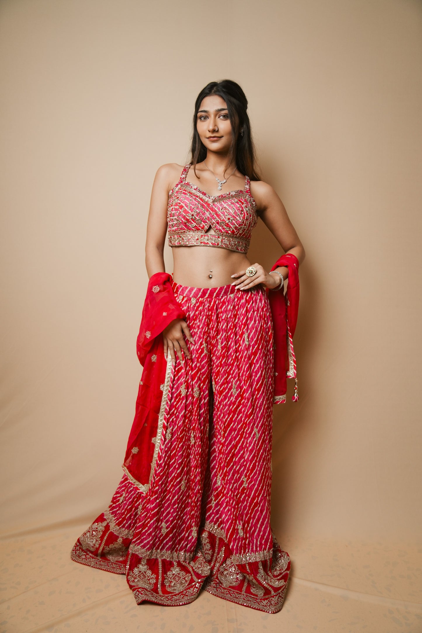 Elegant Pink Georgette Leheriya Plazo and Spaghetti Blouse with Jardozi Embroidery