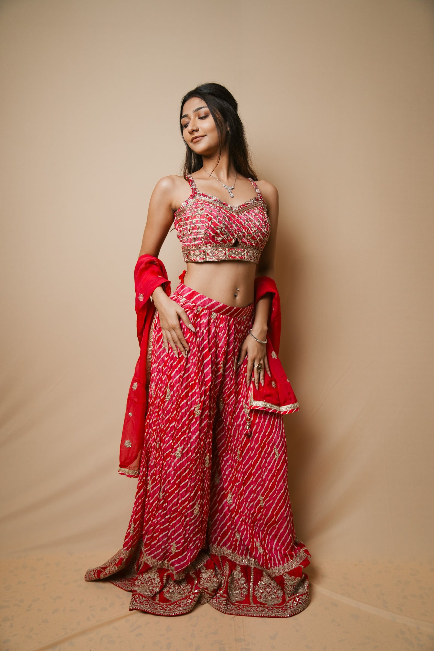 Elegant Pink Georgette Leheriya Plazo and Spaghetti Blouse with Jardozi Embroidery
