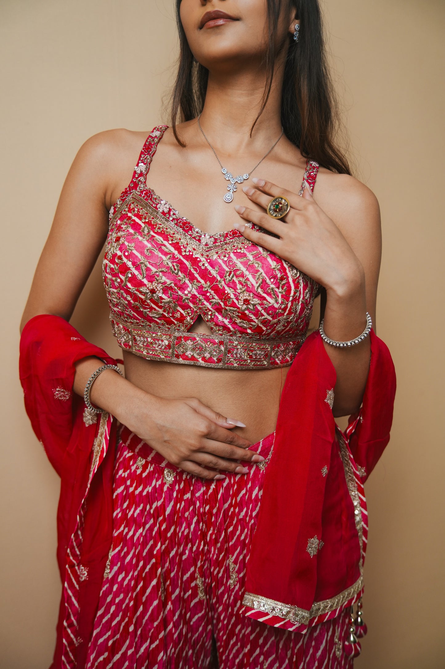 Elegant Pink Georgette Leheriya Plazo and Spaghetti Blouse with Jardozi Embroidery