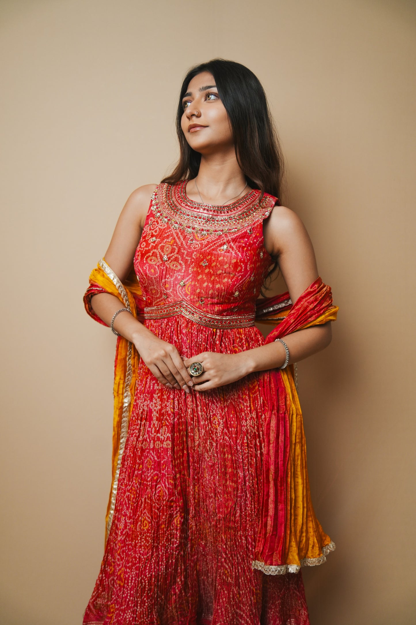 Red Crushed Silk Bandhej Print Plazo Set with Long Top and Jardozi Embroidery