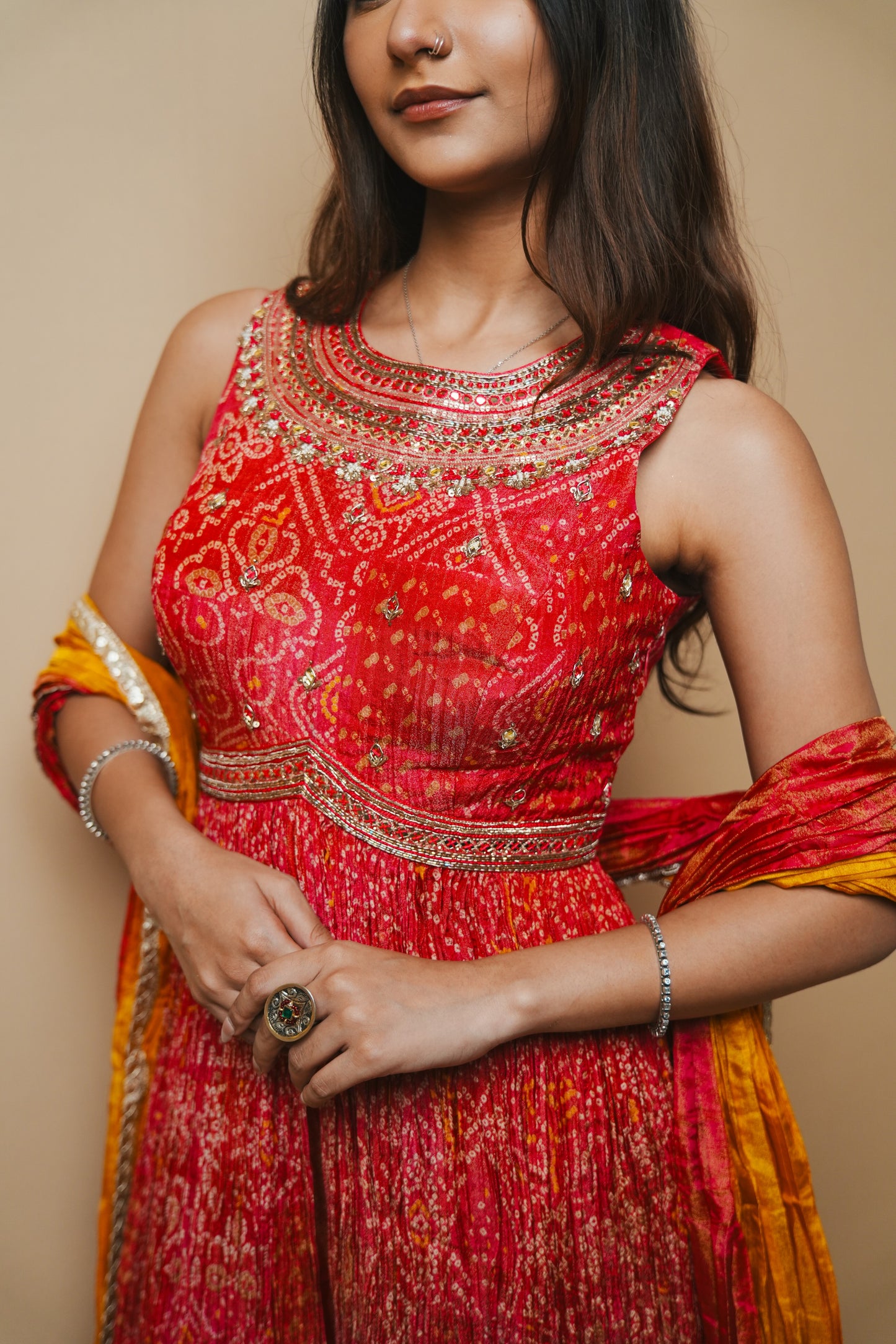 Red Crushed Silk Bandhej Print Plazo Set with Long Top and Jardozi Embroidery