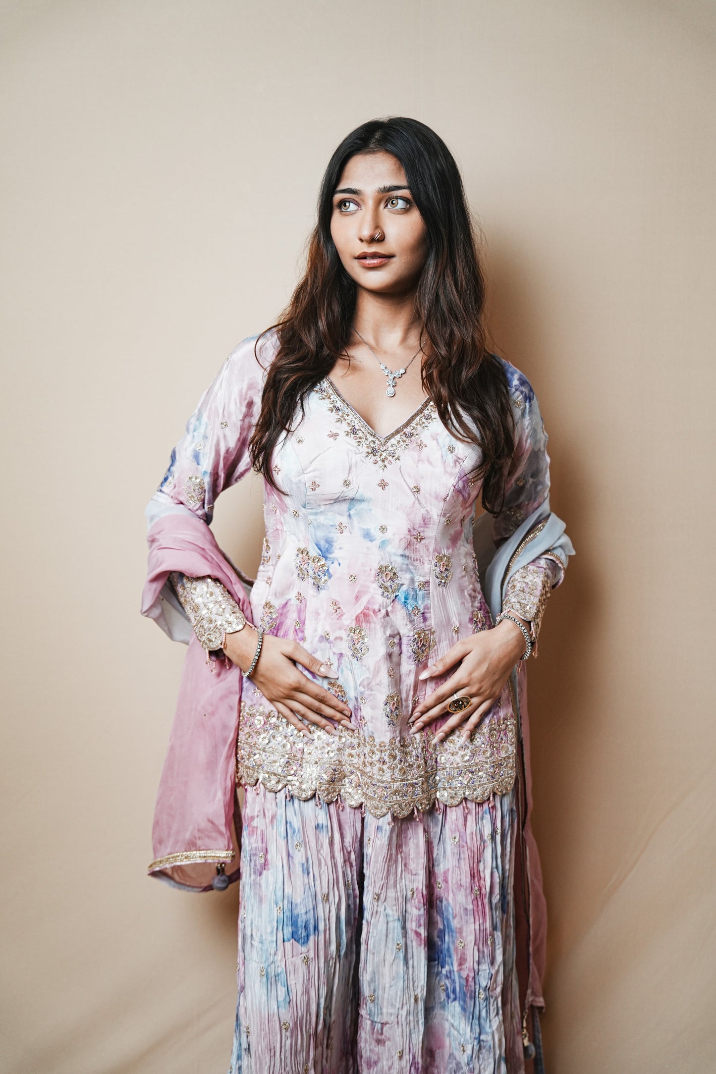Silk Shibori Print Plazo Set with Pitta and Sequin Embroidery