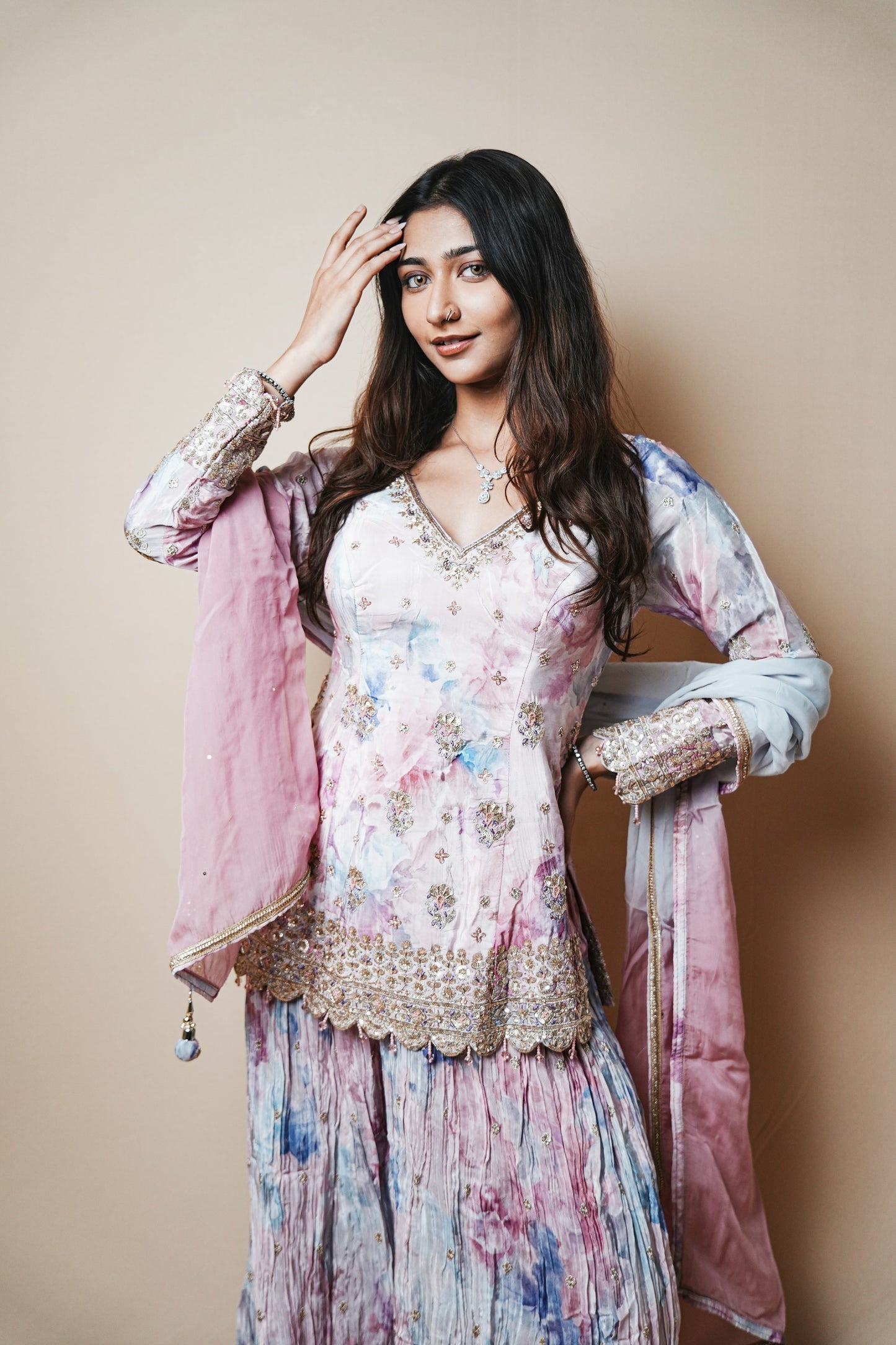 Silk Shibori Print Plazo Set with Pitta and Sequin Embroidery