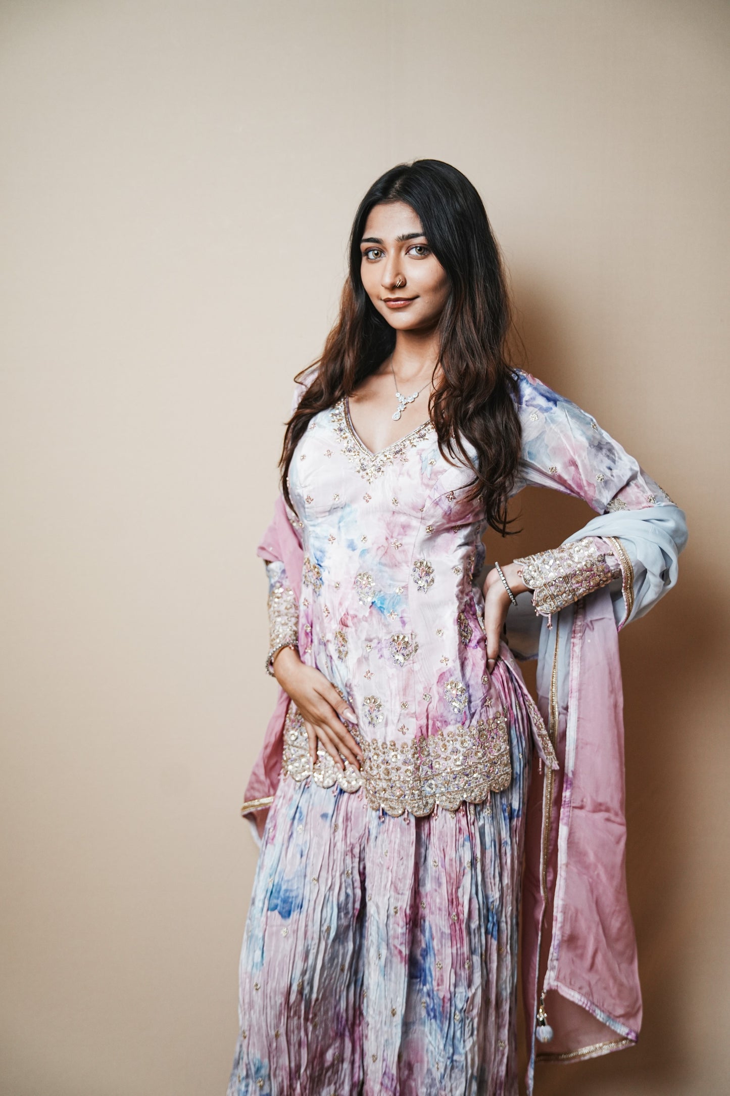 Silk Shibori Print Plazo Set with Pitta and Sequin Embroidery
