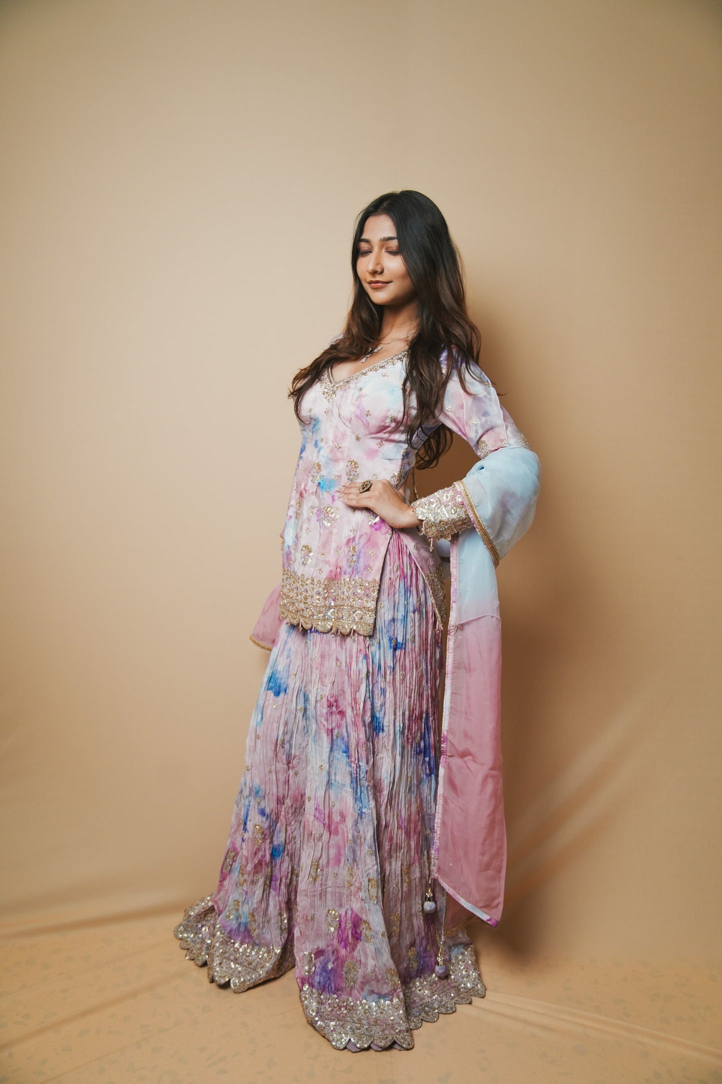 Silk Shibori Print Plazo Set with Pitta and Sequin Embroidery