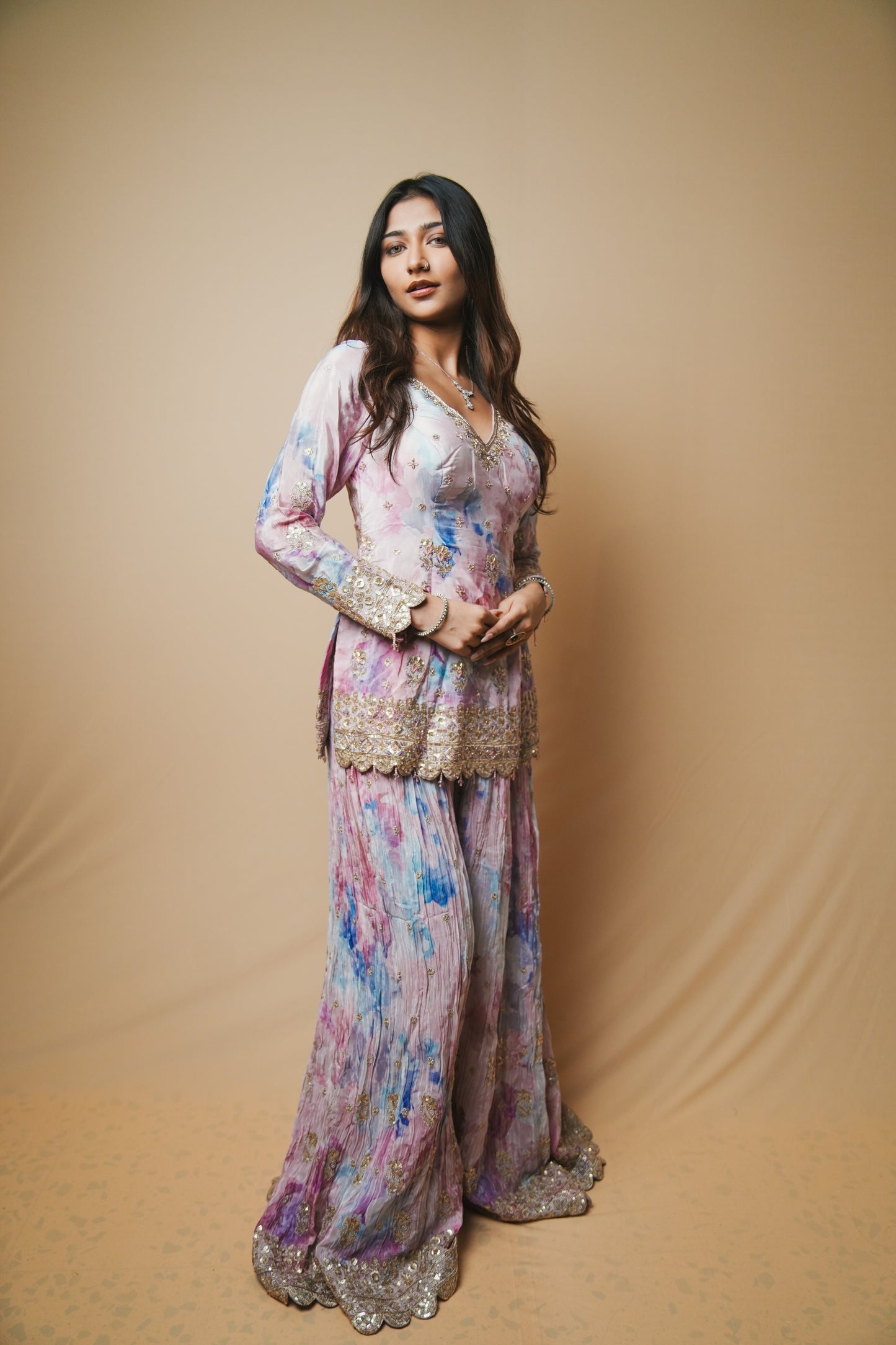 Silk Shibori Print Plazo Set with Pitta and Sequin Embroidery