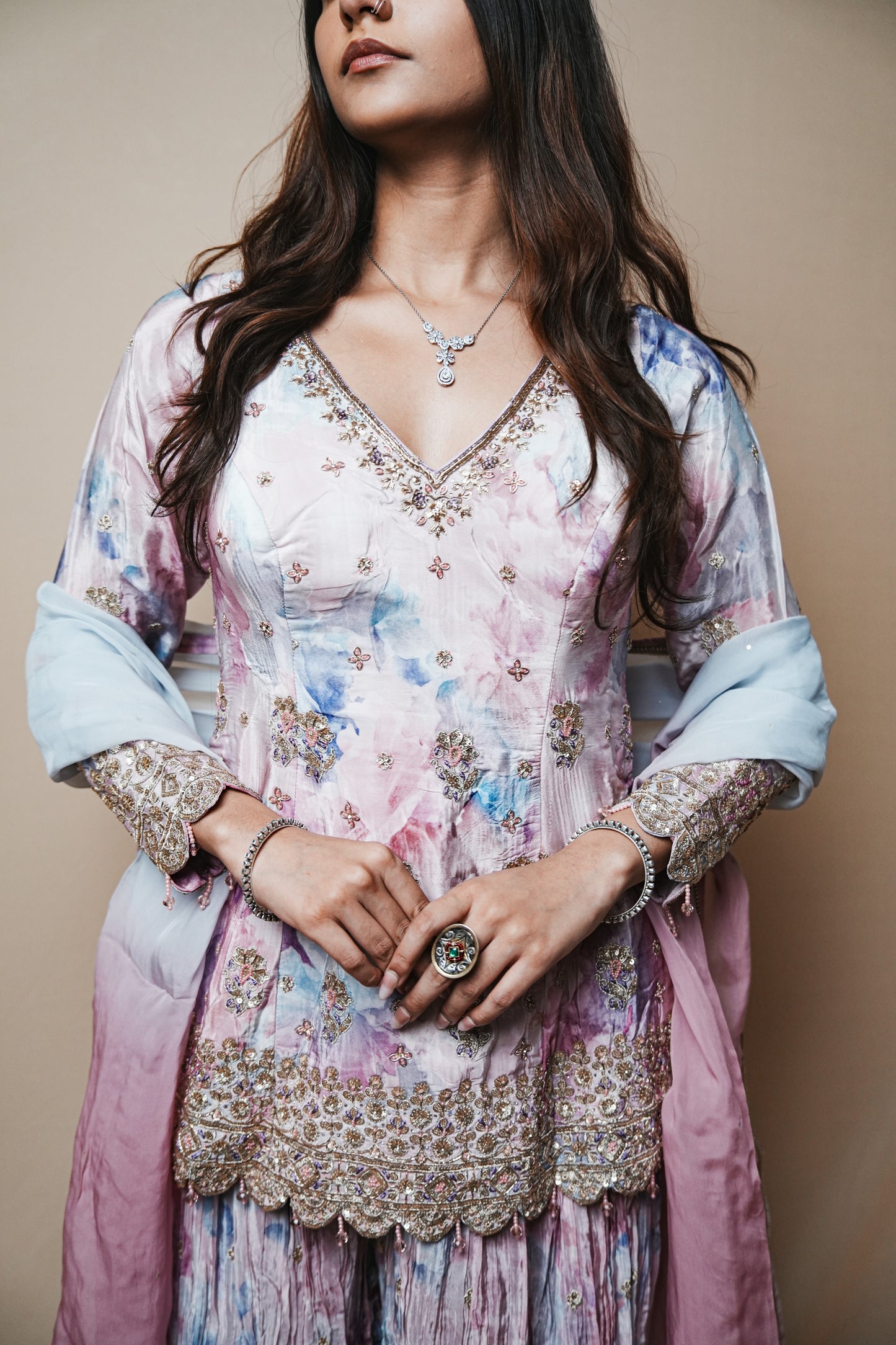 Silk Shibori Print Plazo Set with Pitta and Sequin Embroidery