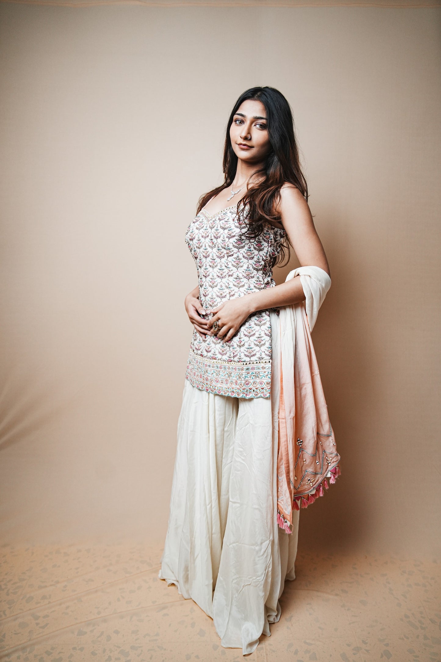 Soft Pastel Crepe Plazo Set with Resham Embroidered Spaghetti Blouse