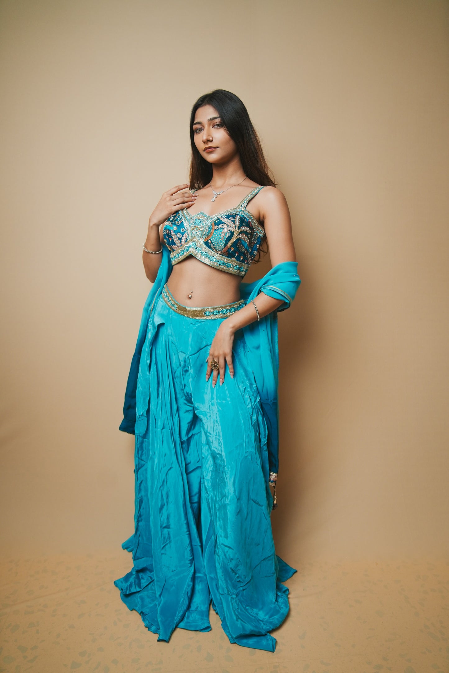 Blue Crab Silk Alia Cut Blouse Plazo Set with Pitta, Resham & Jardozi Work