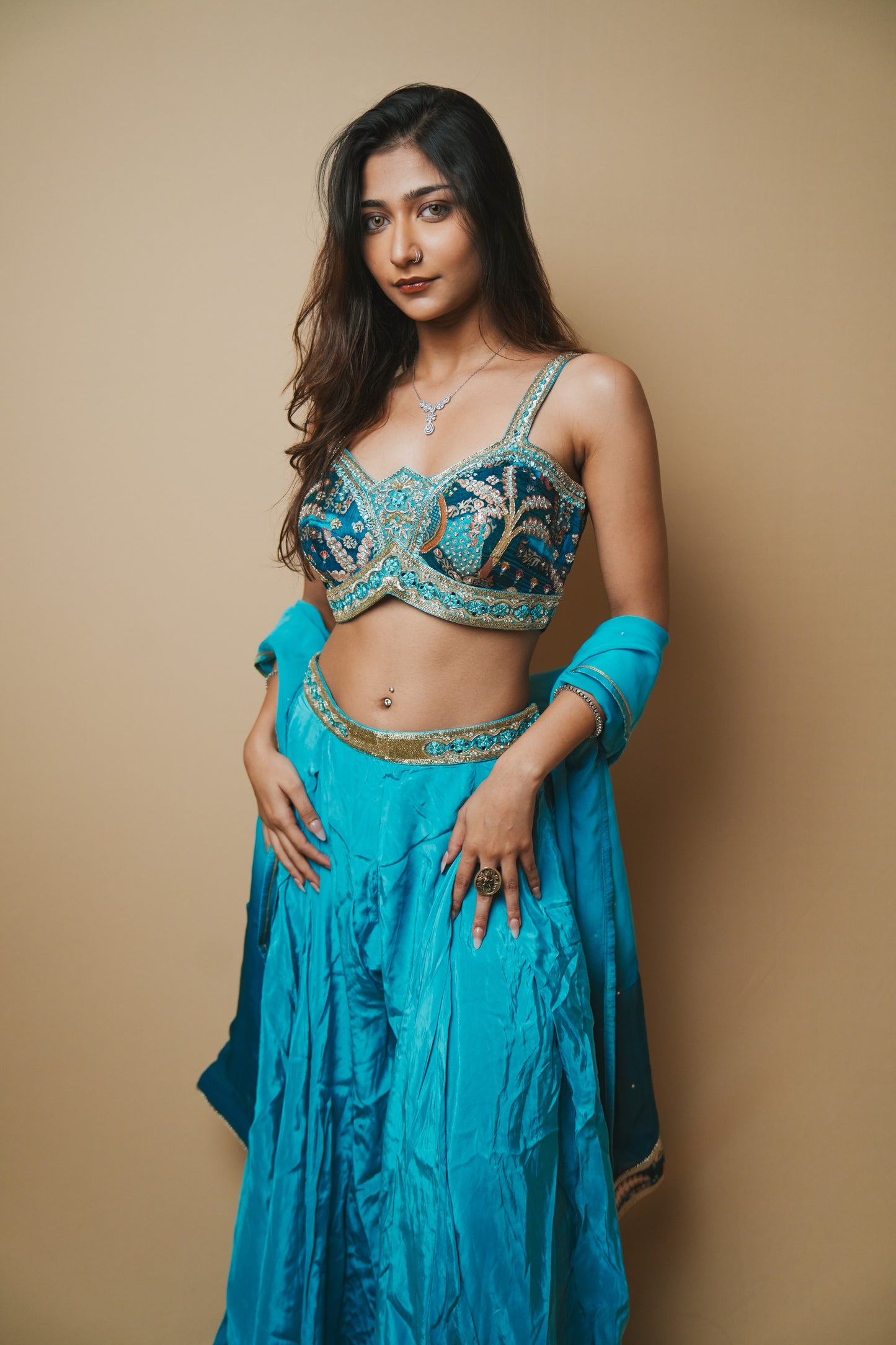 Blue Crab Silk Alia Cut Blouse Plazo Set with Pitta, Resham & Jardozi Work