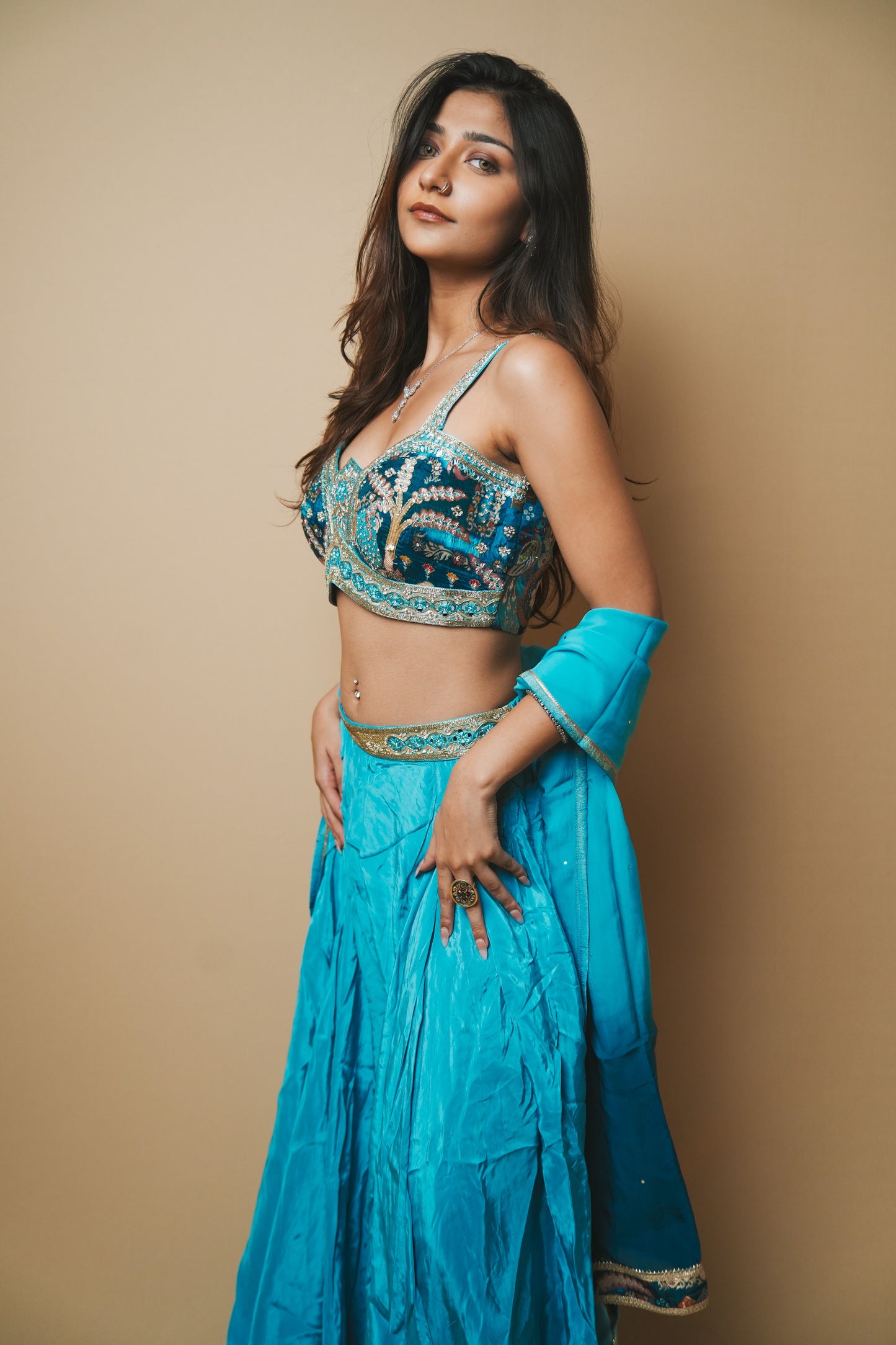 Blue Crab Silk Alia Cut Blouse Plazo Set with Pitta, Resham & Jardozi Work