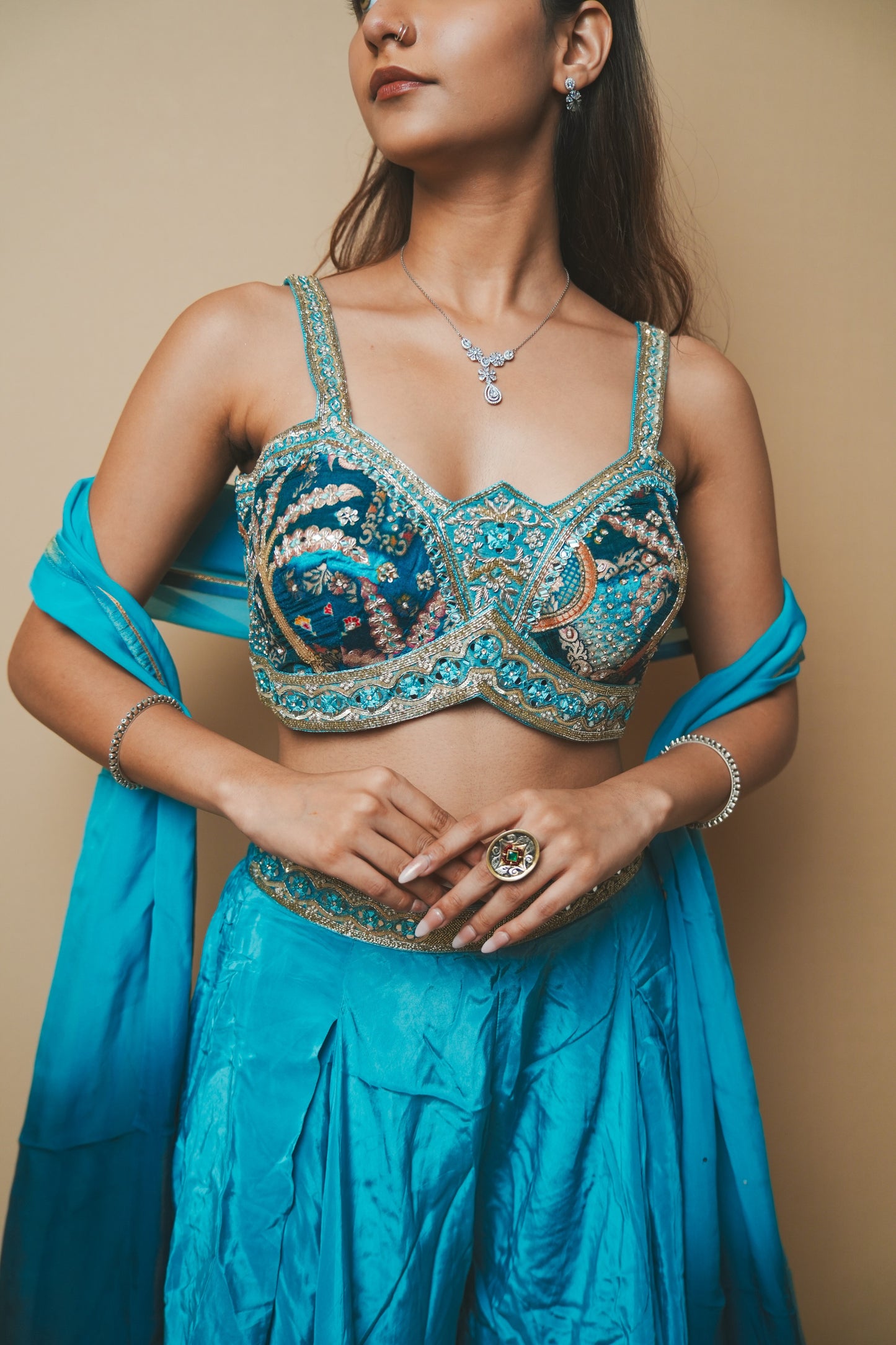 Blue Crab Silk Alia Cut Blouse Plazo Set with Pitta, Resham & Jardozi Work