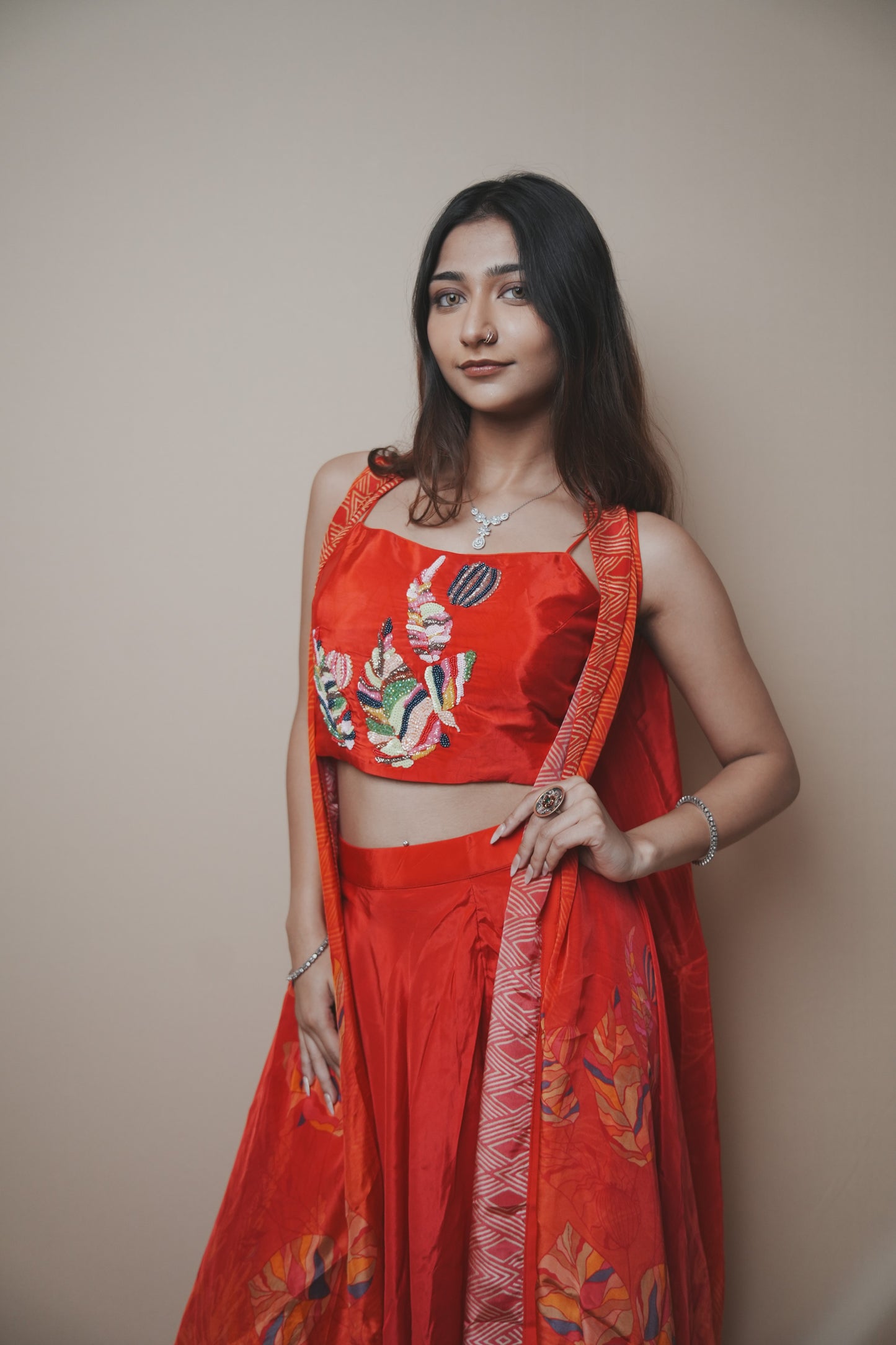 Stylish Red Crepe Silk Set Featuring Embroidered Choli & Multicolor Shrug