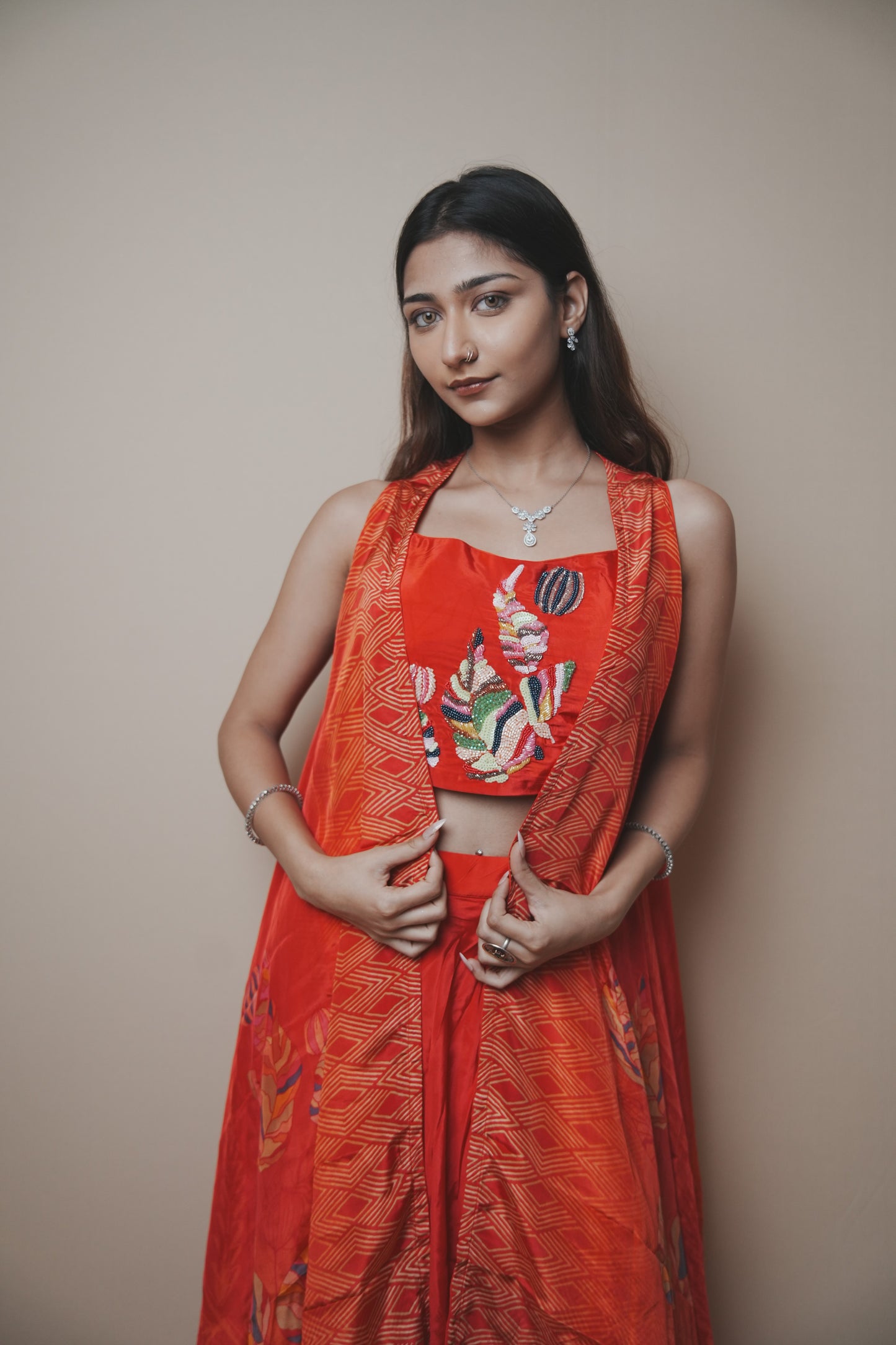 Stylish Red Crepe Silk Set Featuring Embroidered Choli & Multicolor Shrug