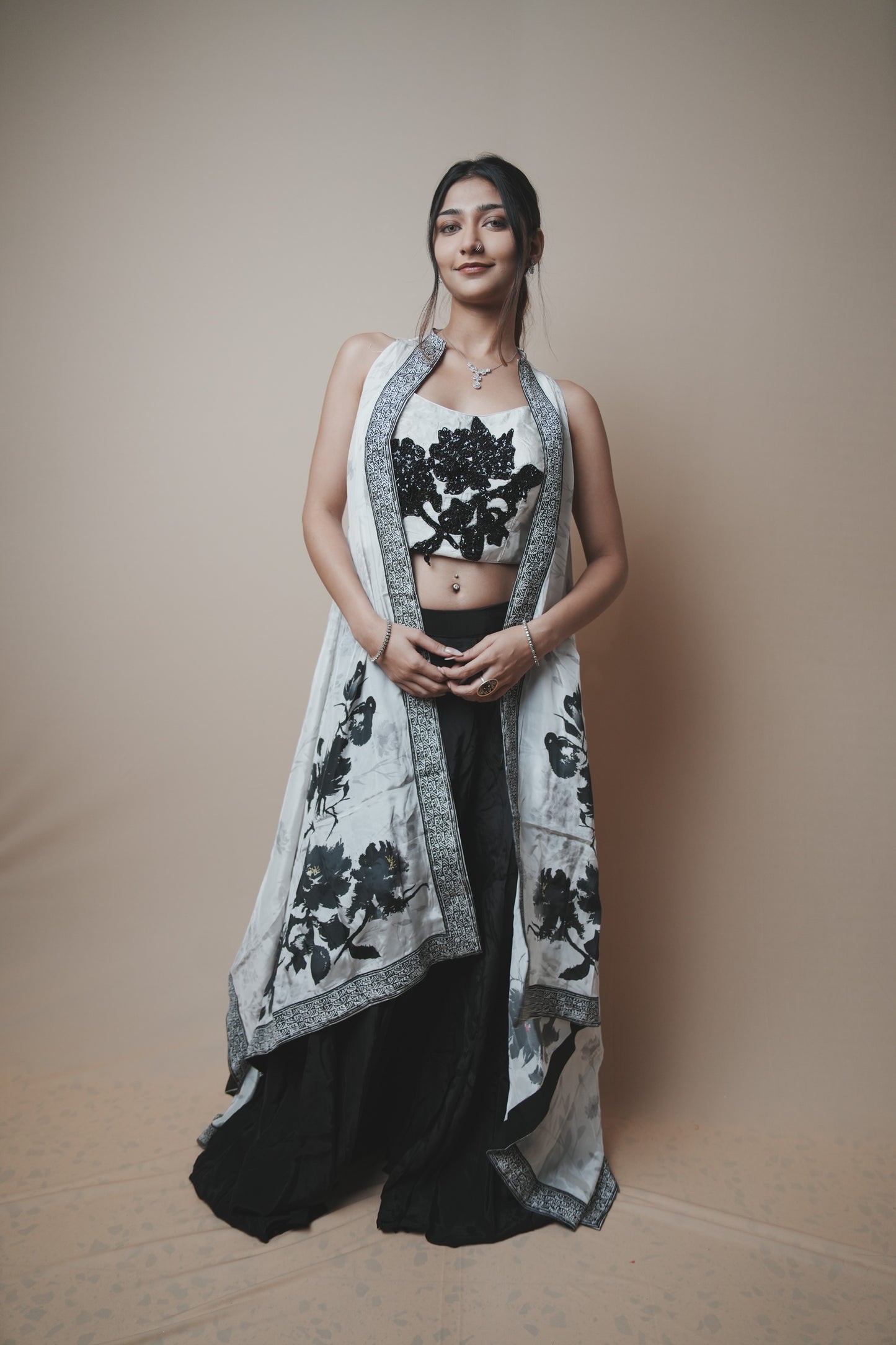 Black & White Crab Silk Plazo Set with Sequin Work Blouse and Printed Shrug
