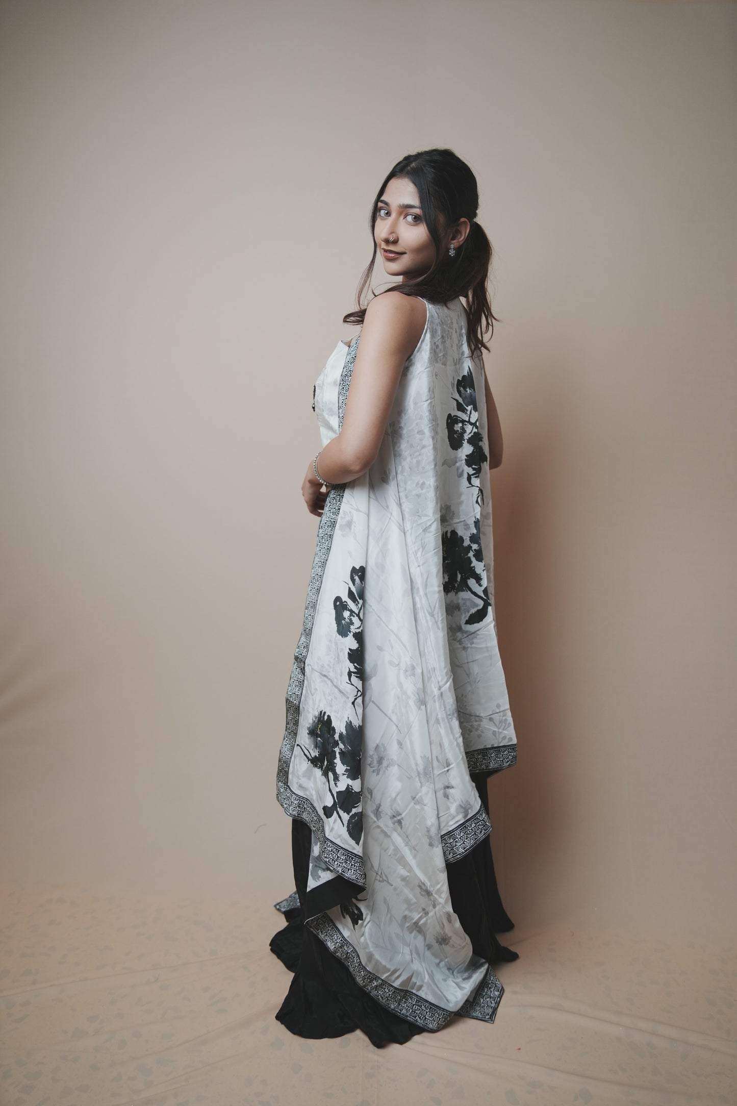 Black & White Crab Silk Plazo Set with Sequin Work Blouse and Printed Shrug