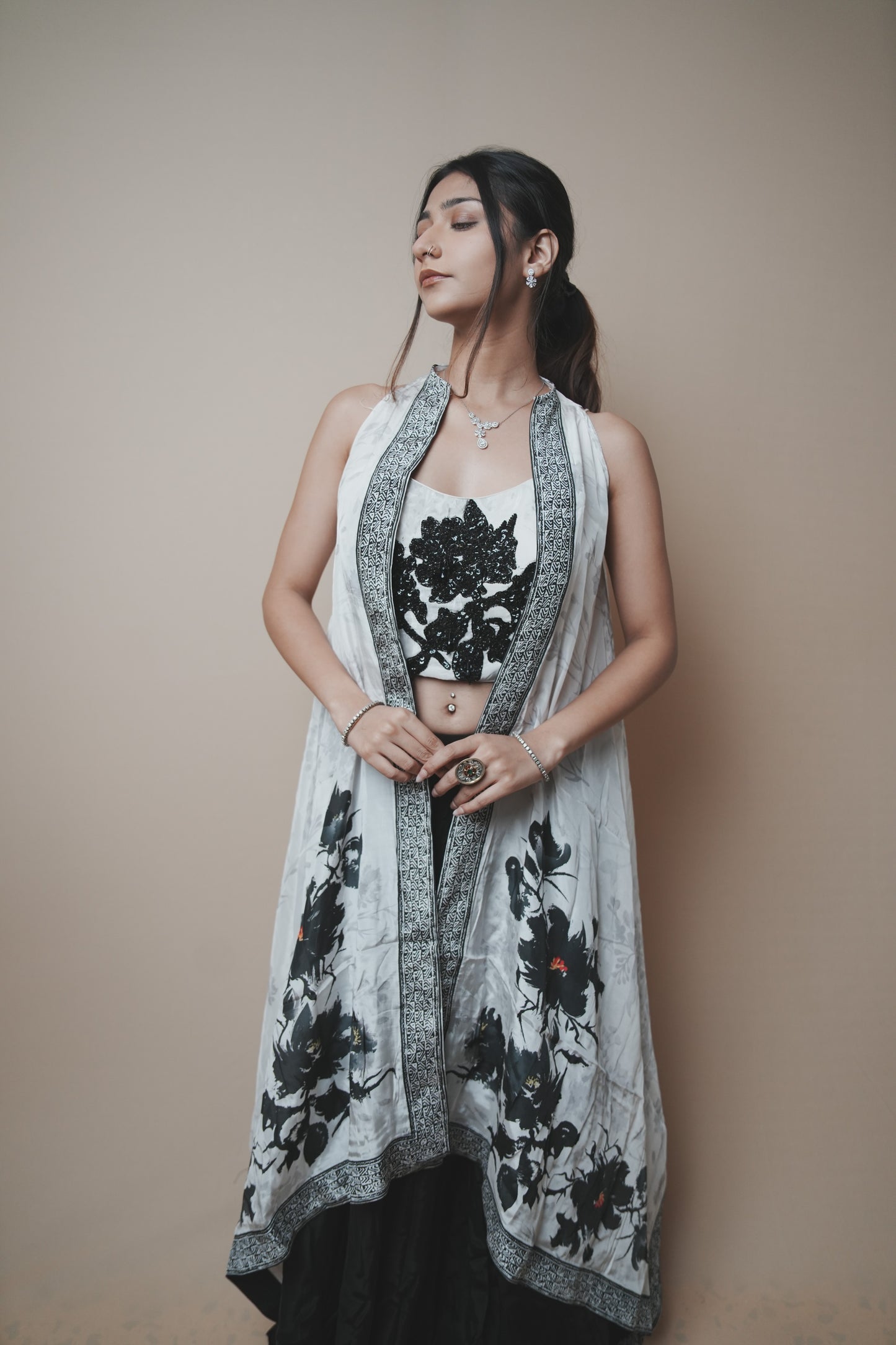 Black & White Crab Silk Plazo Set with Sequin Work Blouse and Printed Shrug
