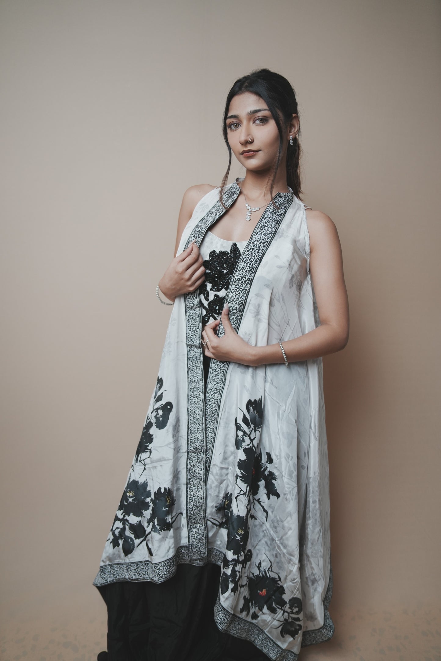 Black & White Crab Silk Plazo Set with Sequin Work Blouse and Printed Shrug
