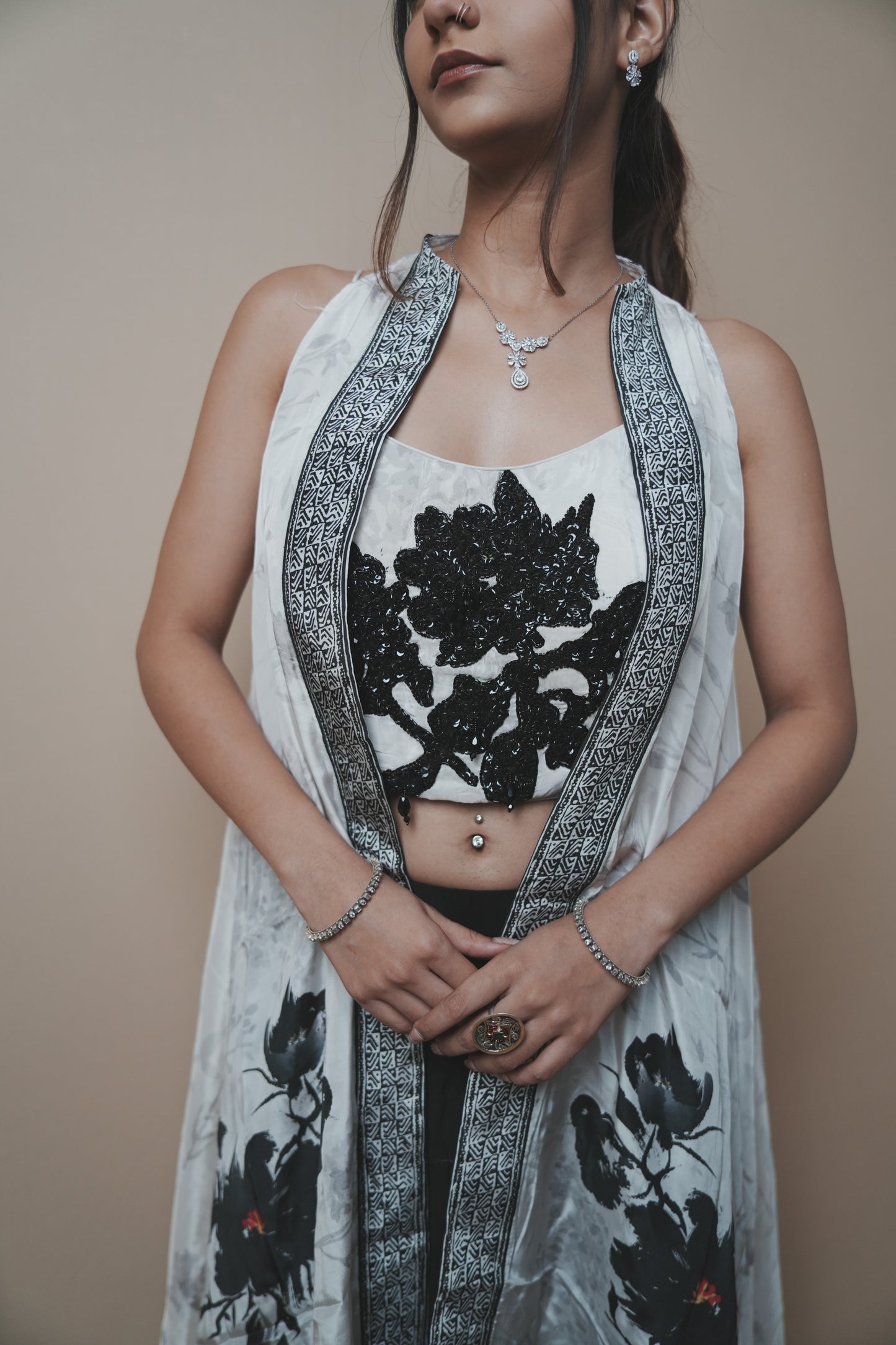 Black & White Crab Silk Plazo Set with Sequin Work Blouse and Printed Shrug