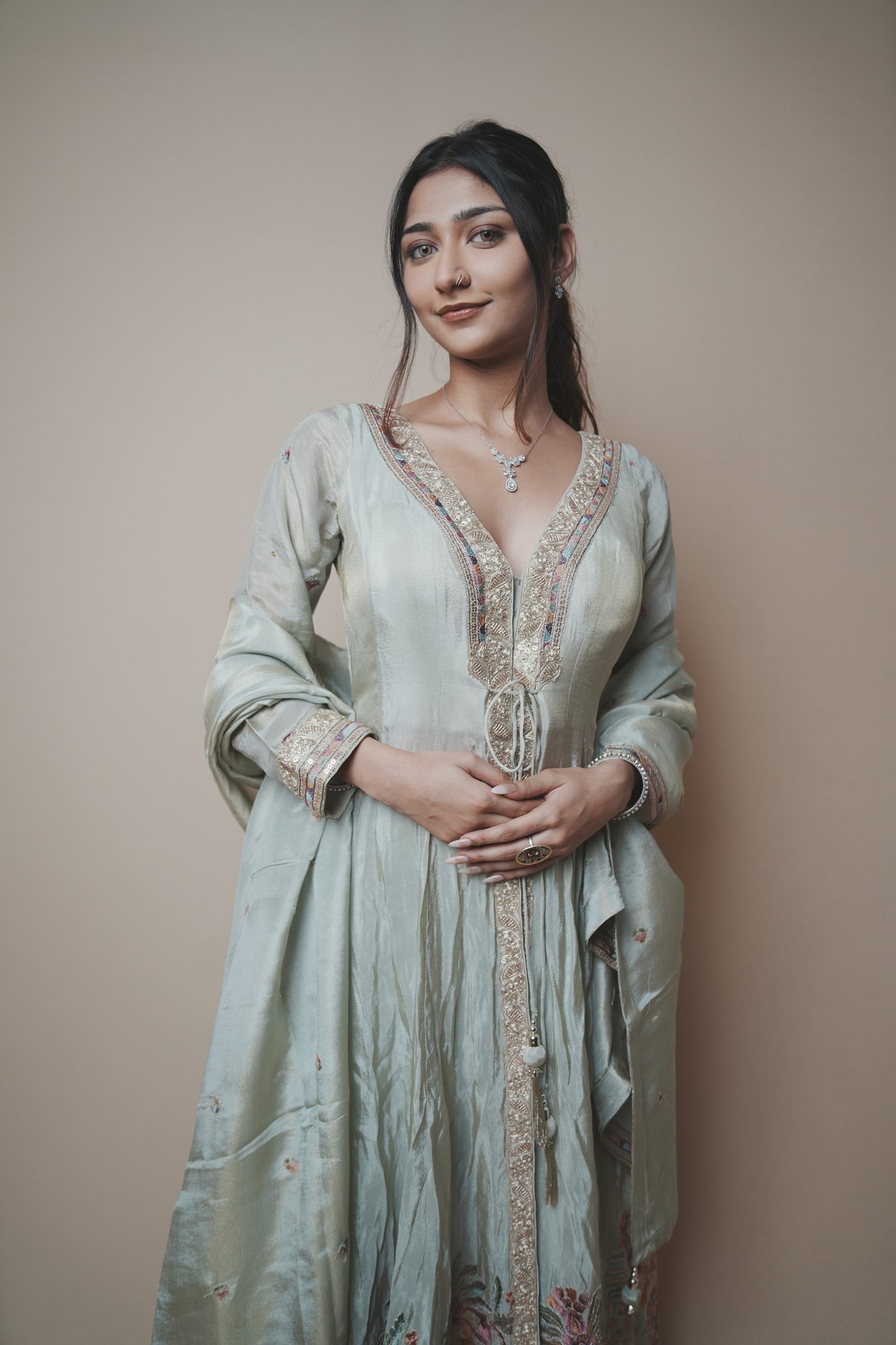 Stylish Tissue Silk Long Kurta Paired with Palazzo Pants
