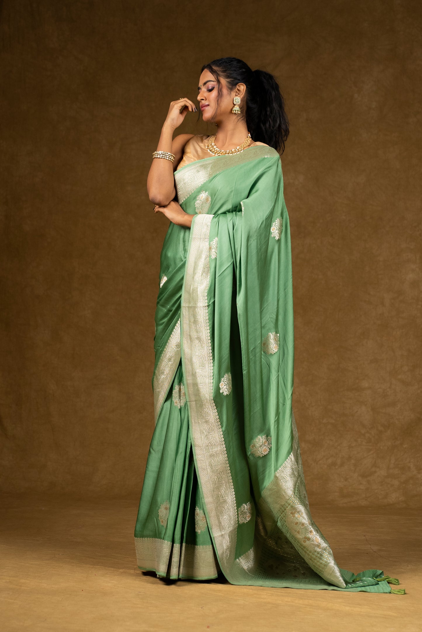 Sage Green Silk Saree with Silver Zari Work