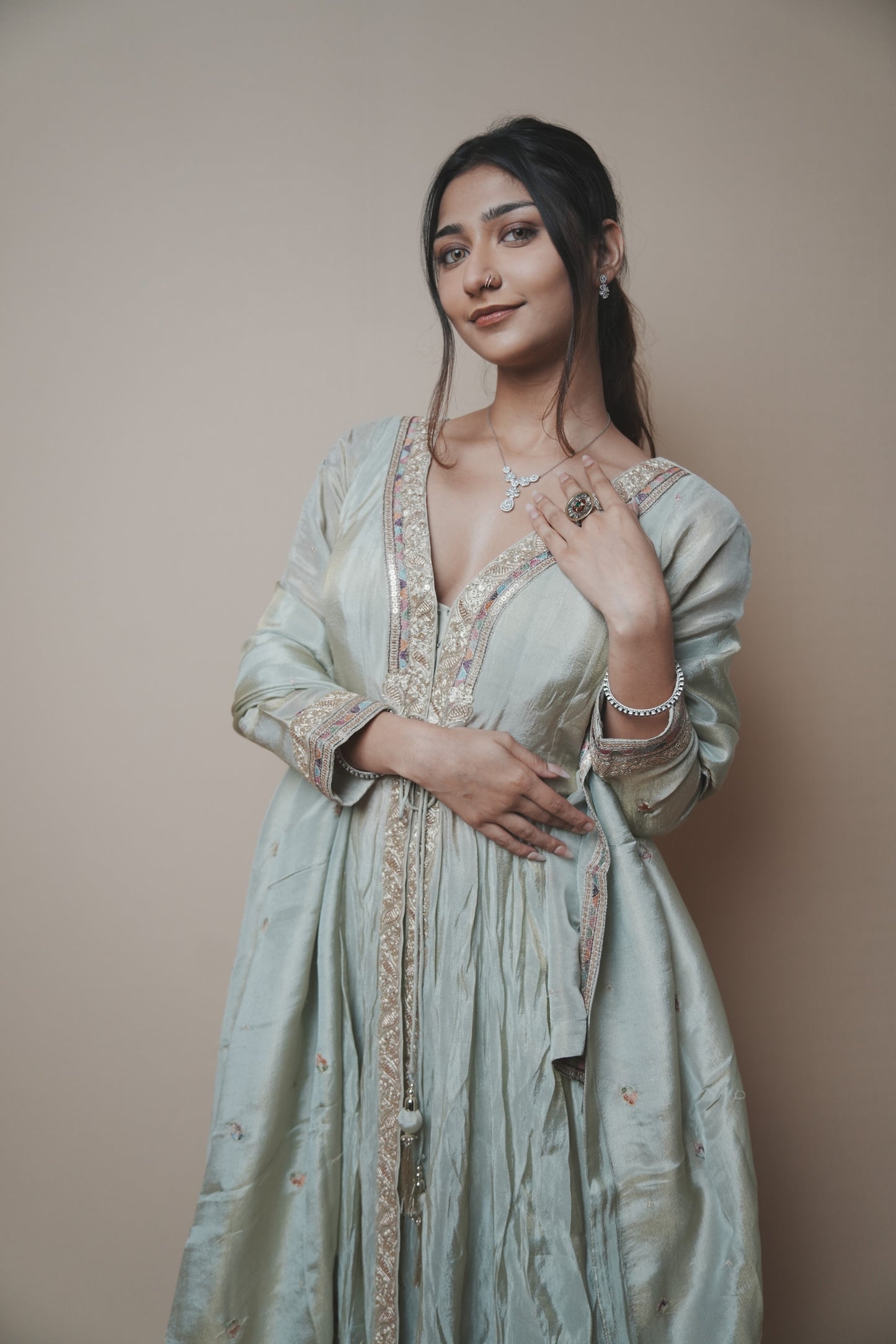 Stylish Tissue Silk Long Kurta Paired with Palazzo Pants