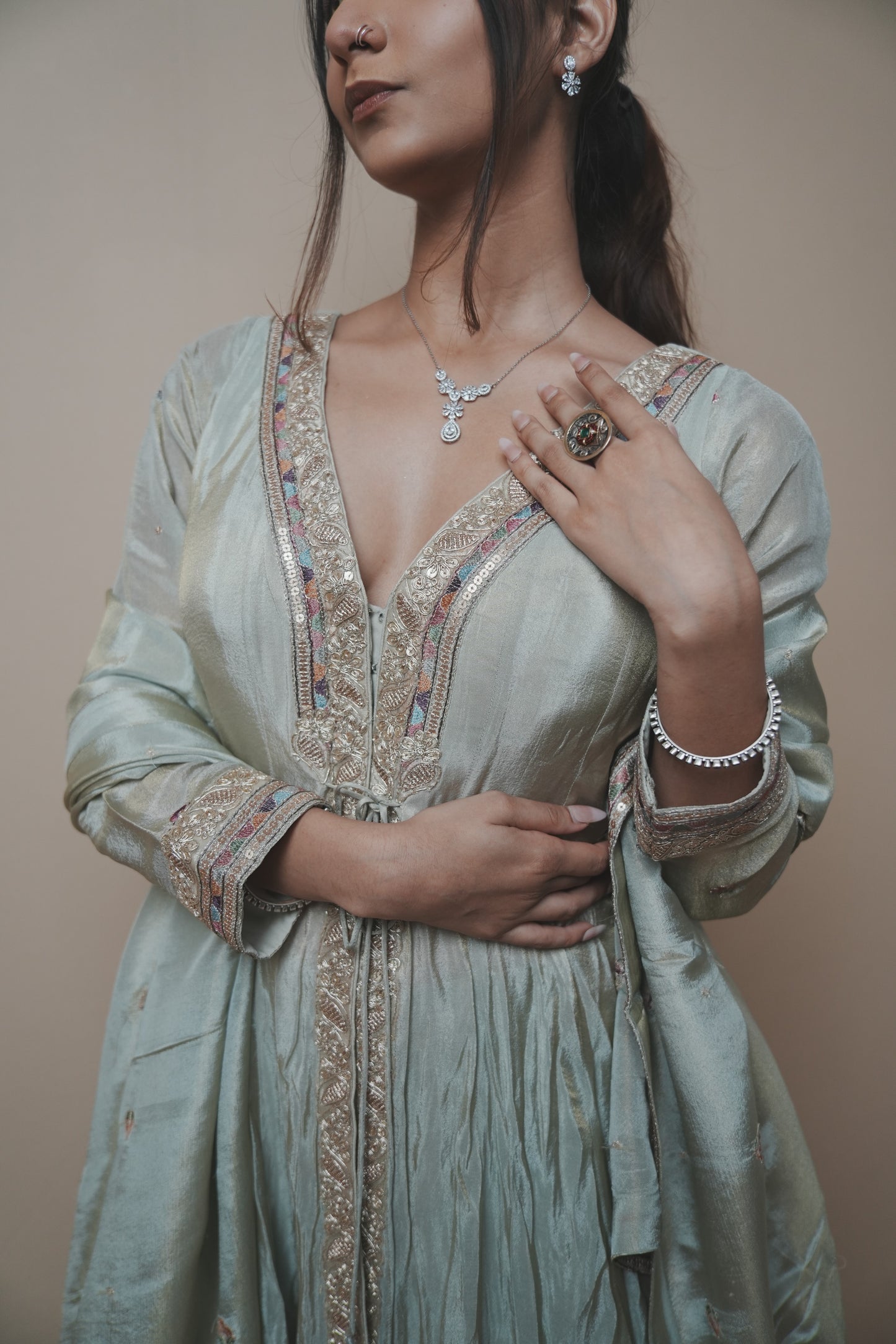 Stylish Tissue Silk Long Kurta Paired with Palazzo Pants