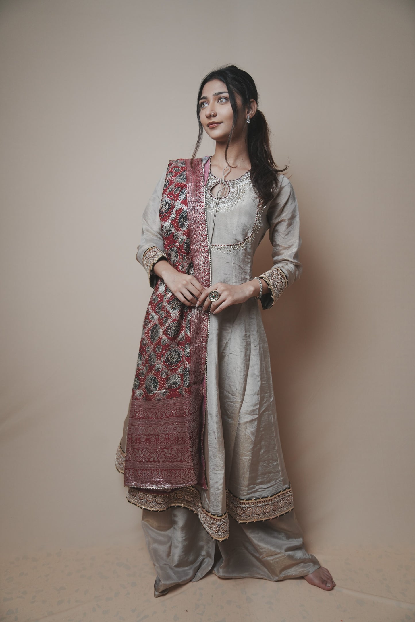 Tissue Banarasi Silk Suit with Ajrakh Print Dupatta & Plazo