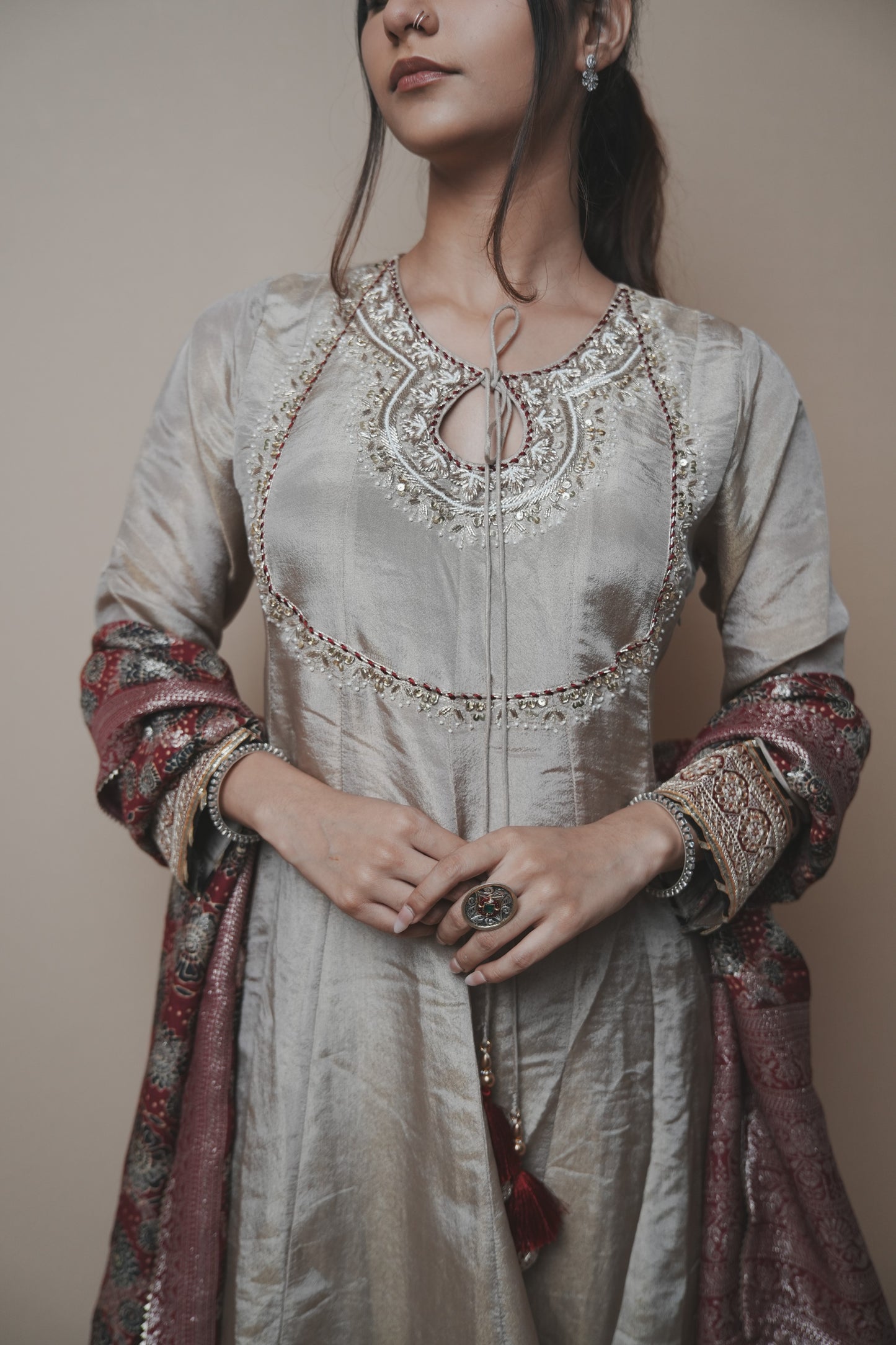 Tissue Banarasi Silk Suit with Ajrakh Print Dupatta & Plazo