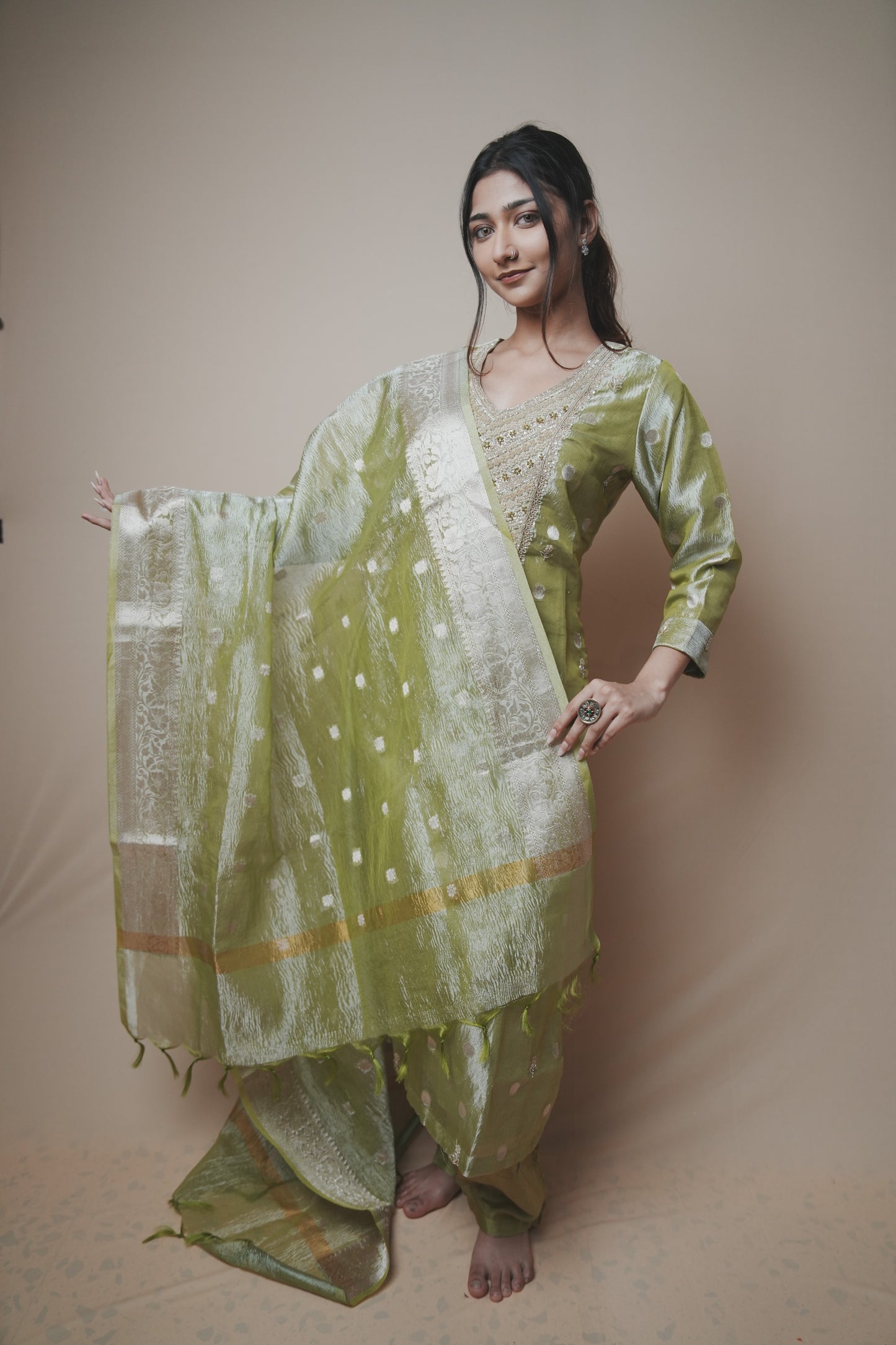 Green Tissue Banarasi Silk Suit Set with Hand-Embroidered Neckline