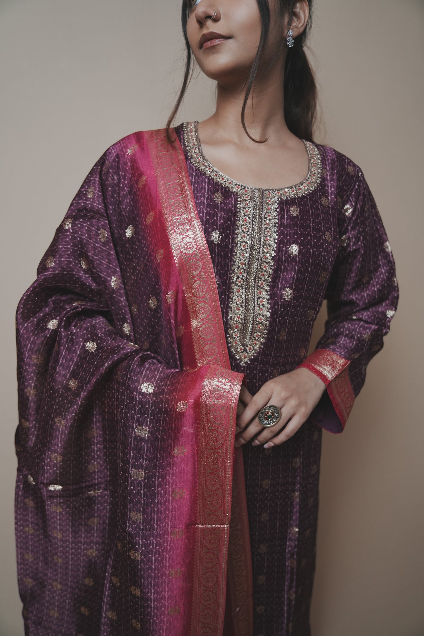 Banarasi Straight Punjabi Suit with Handwork Neckline