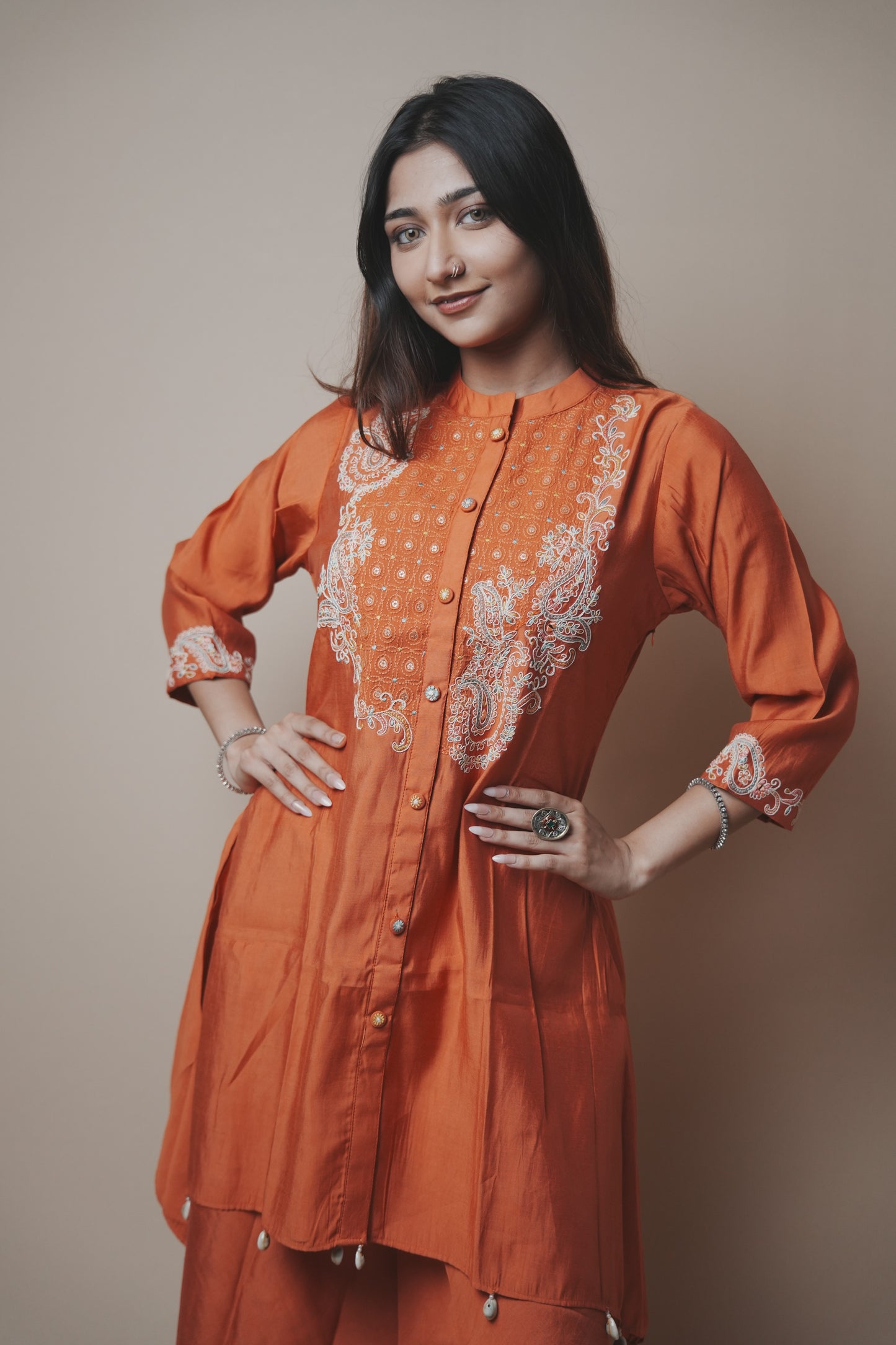 Rust Orange Silk Co-ord Set with Anchor Thread Embroidery